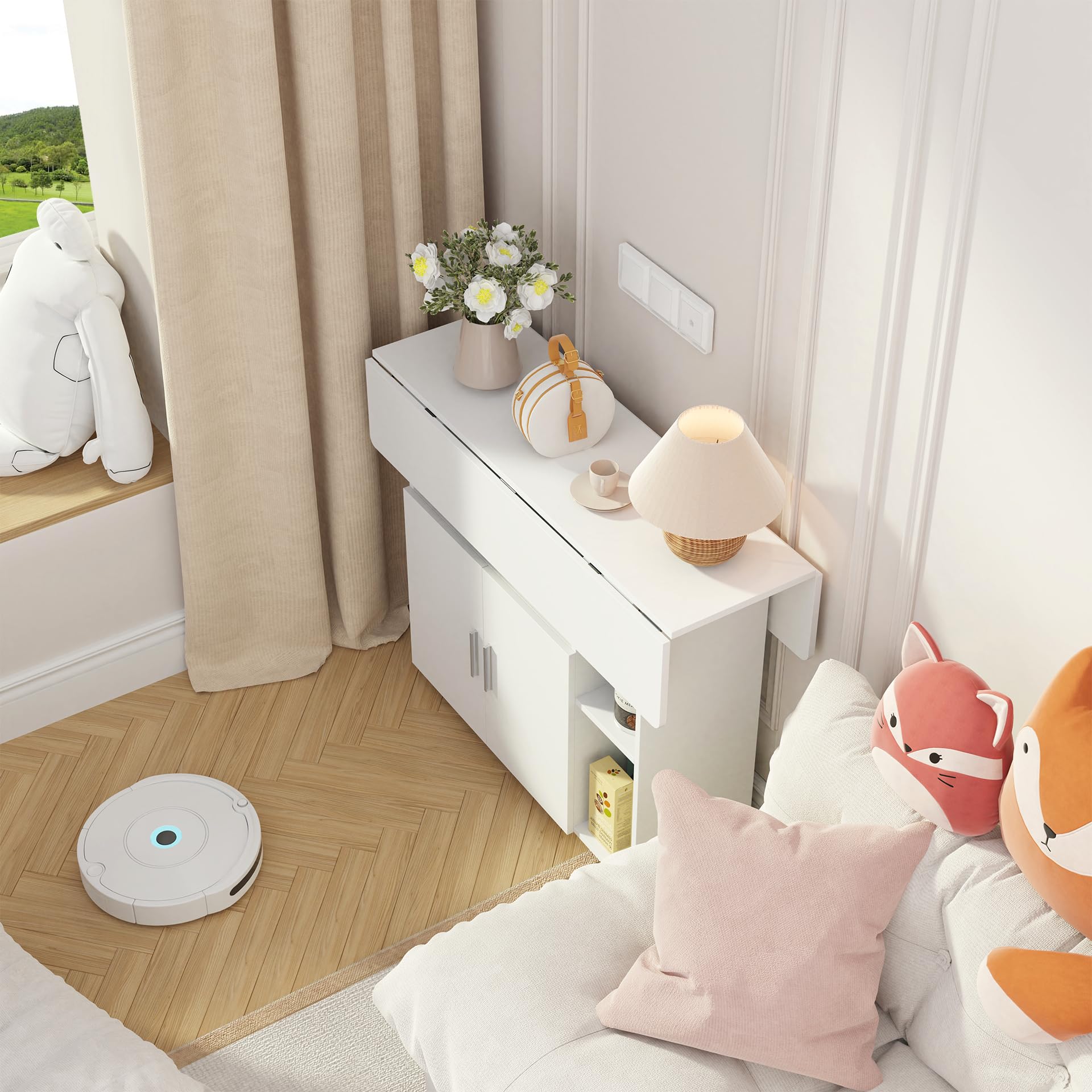 Mesa Plegable Cocina Móvil para Comedor Salón Escritorio, Blanco | 100x70x78cm Mesa Comedor Plegable con Amplio Espacio de Almacenamiento, Ruedas Giratorias y con Bloqueo, para 2-4 Personas