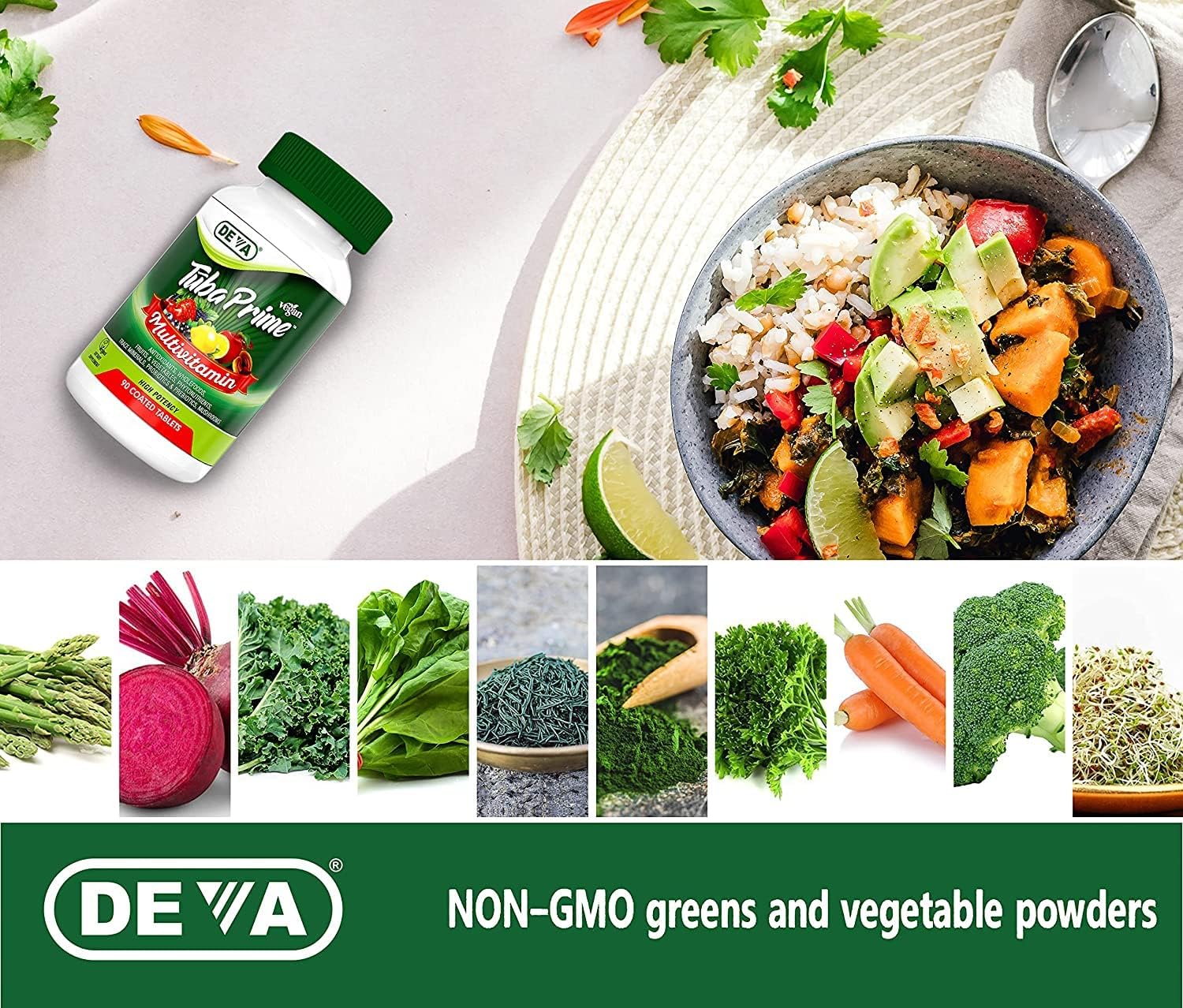 DEVA Tuba Prime Vegan Multivitamin Iron-Free High-Potency Vitamin & Mineral Dietary Supplement Antioxidants, Fruit & Veg Blend, Super Mushrooms, Probiotics, Prebiotics, Seeds, Herbs 90 Tabs 2-Pack