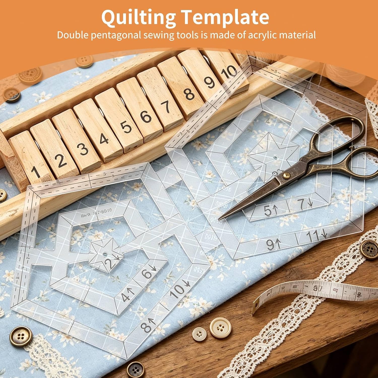 Double Pentagon Quilting Template, Transparent Template Patchwork Ruler Acrylic Double Pentagon Quilting Rulers Patchwork Sewing Drawing Cutting DIY Tools