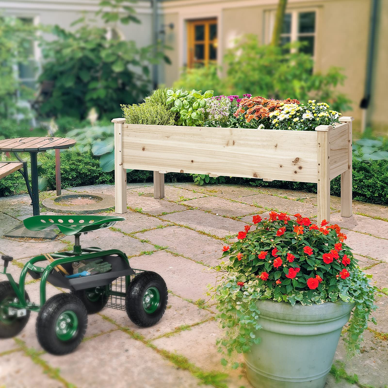 GOPLUS Huerto Urbano de Madera de Abeto, Cama Elevada con 5 Agujeros de Drenaje, Jardinera para Flores Verduras, Maceta para Cultivo, Capacidad de 100 kg, 120 x 43,5 x 51 cm (Beige)