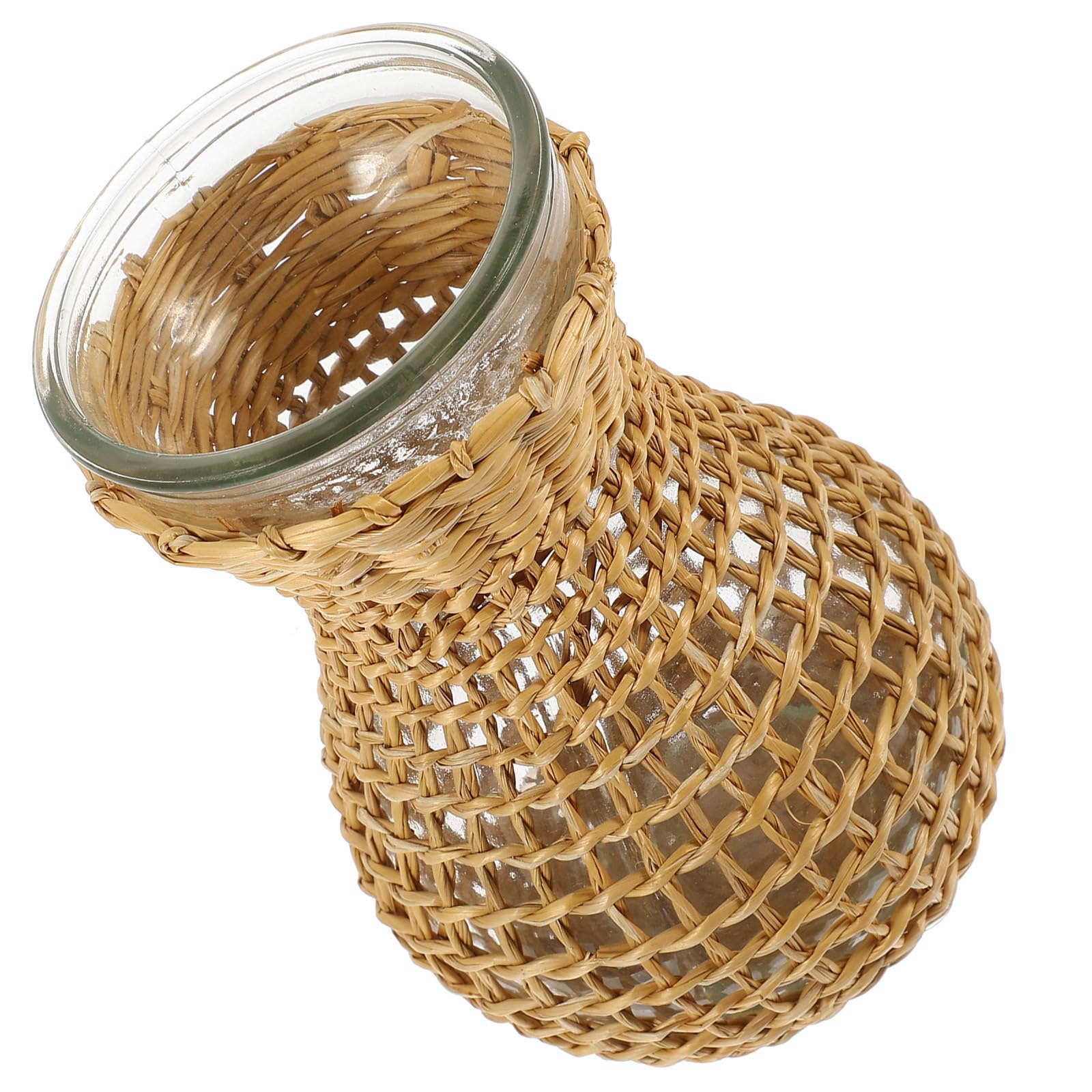 Jarrón de flores de vidrio con ratán beige de diseño rústico exclusivo