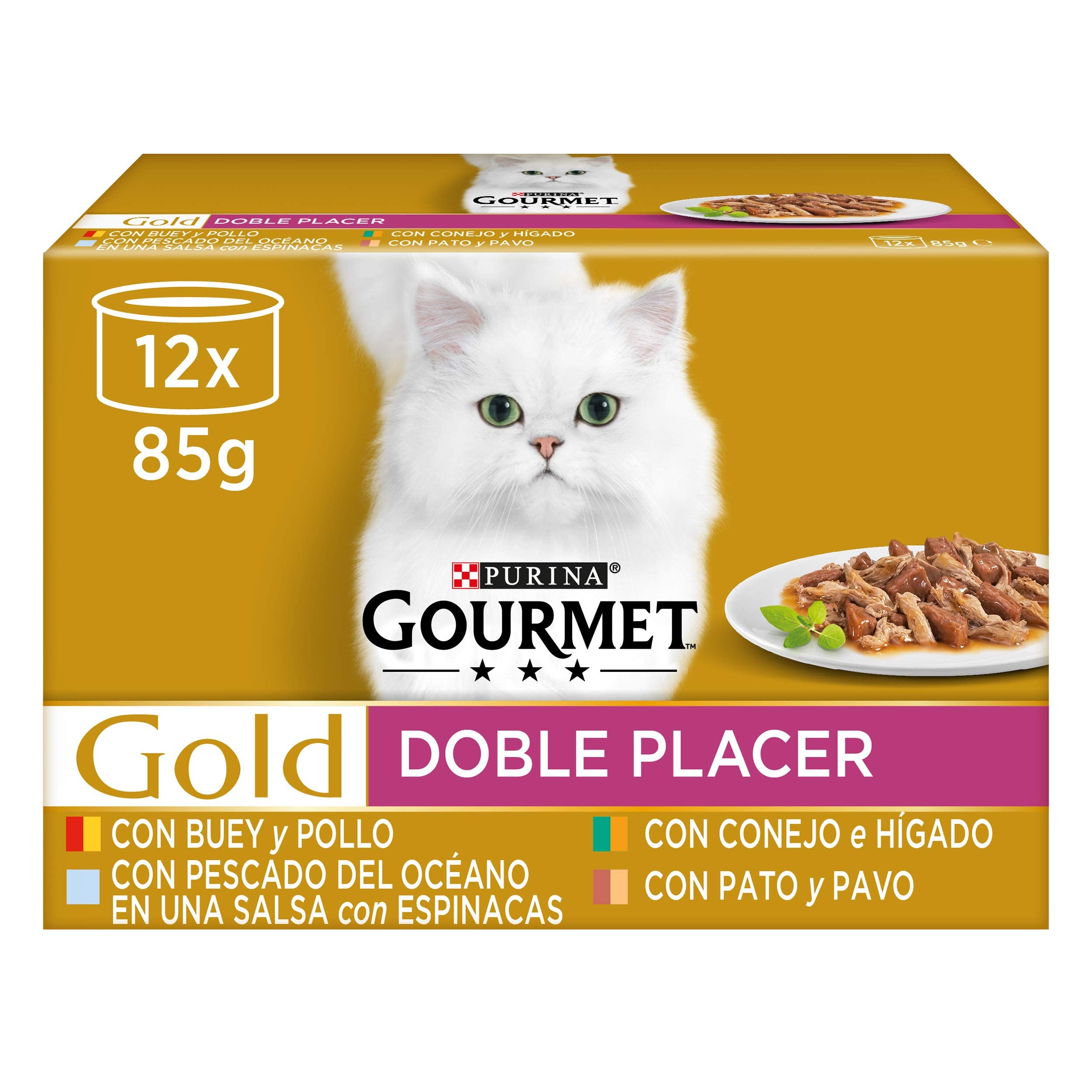 Purina Gourmet Gold Doble Placer, Comida Húmeda para Gato Pack Surtido, 8 Packs de 12 latas de 85g - 96 latas