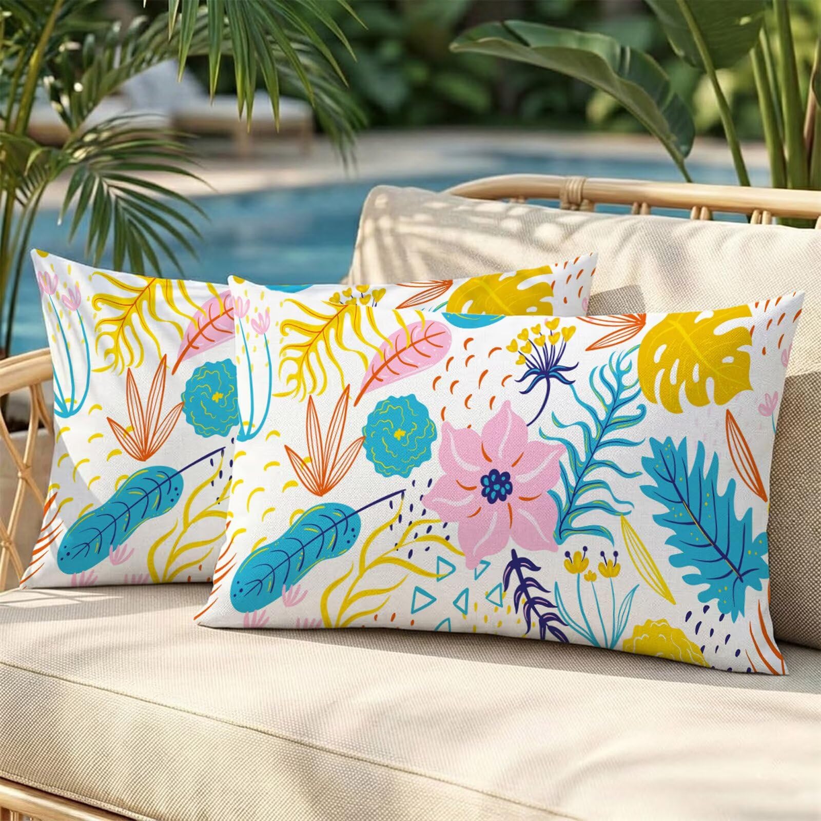 Housses de coussin extérieur imperméable 50x90 cm lot de 2 en lin blanc et bleu