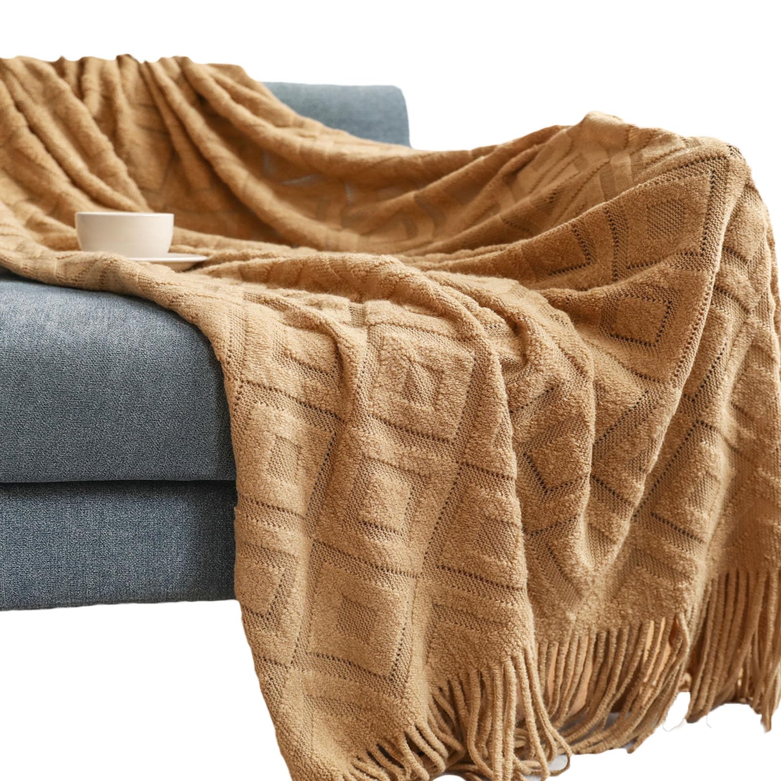Couverture tricotée camel 127x180cm à franges jacquard pour canapé