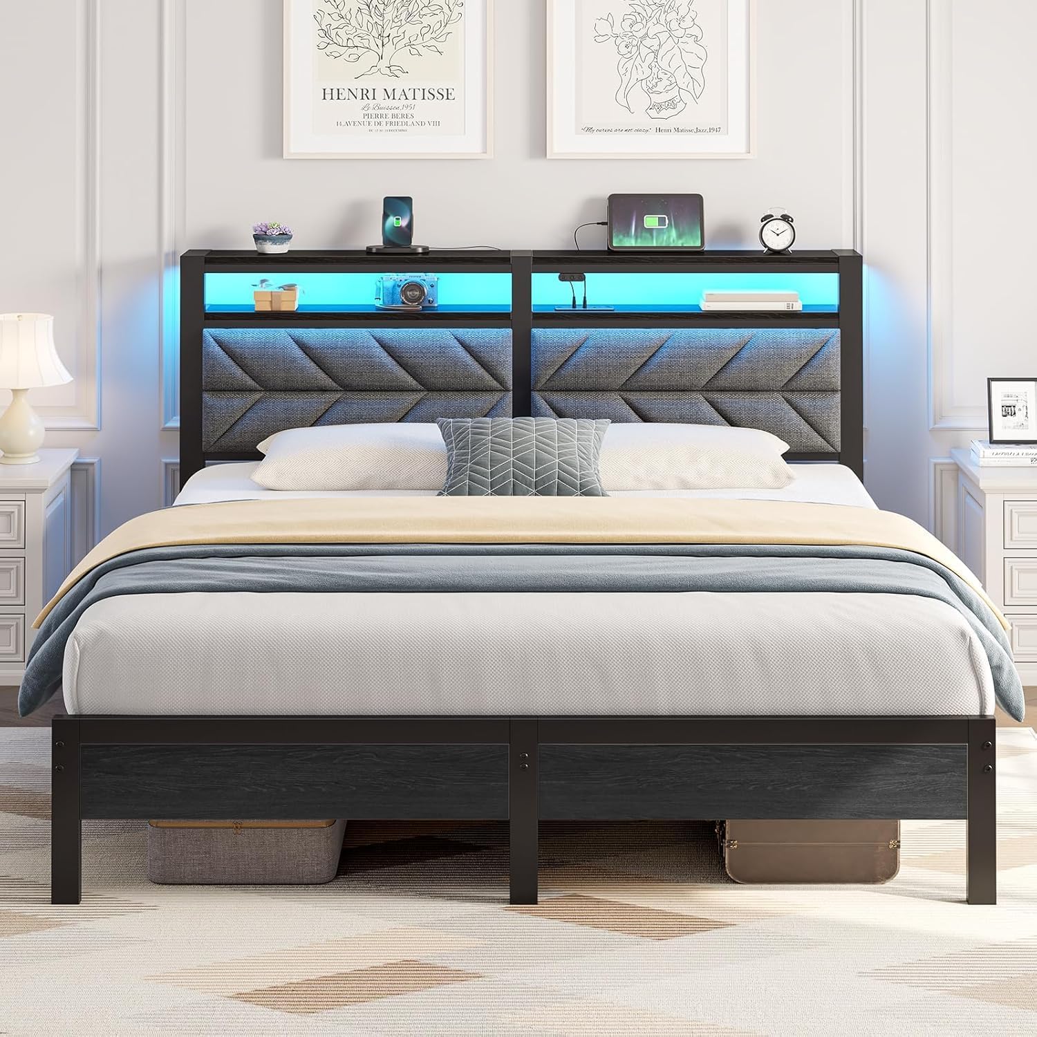 Seventable Bed Frame King Size with Charging Station, LED Bed with Upholstered Storage Headboard, Metal Platform Bed with Under Bed Storage, No Box Spring Needed, Noise Free, Easy Assembly, Grey