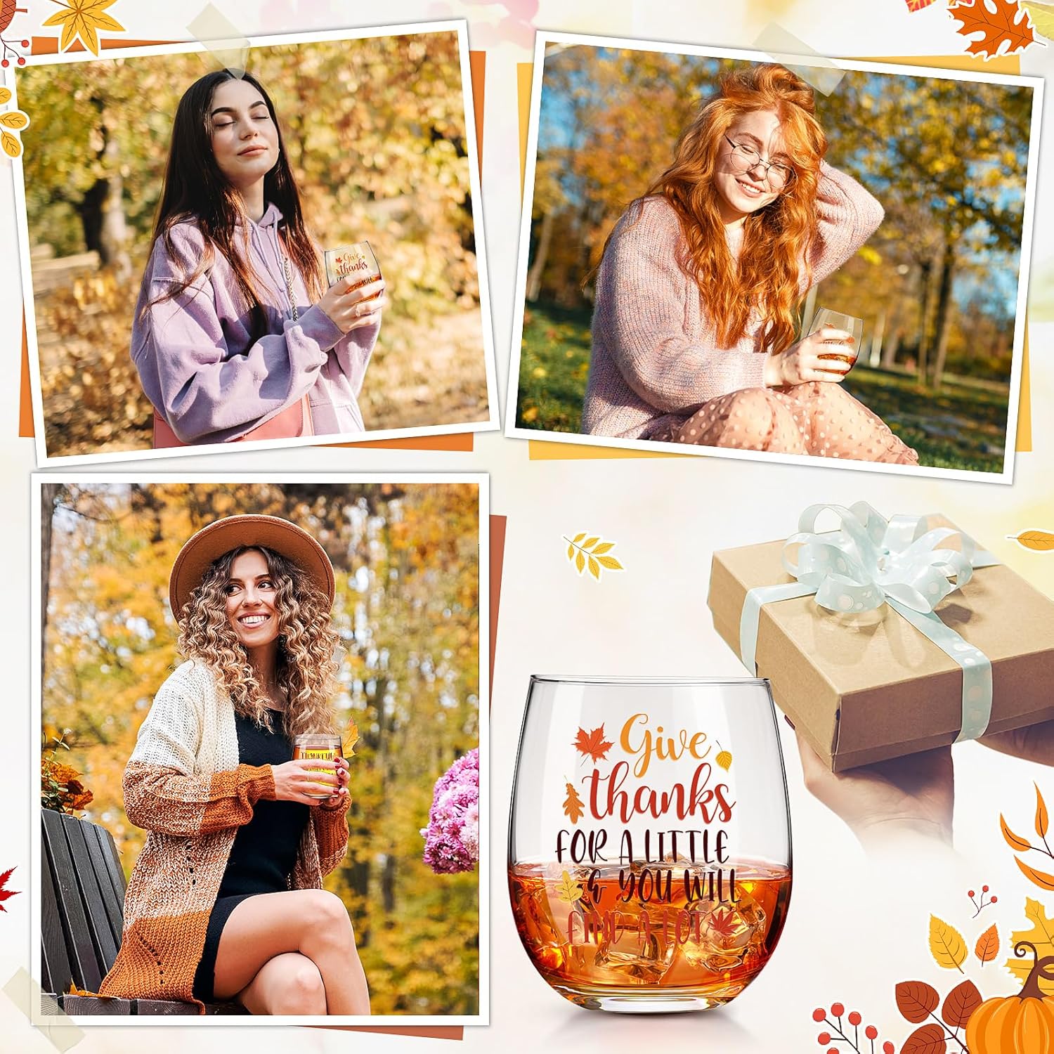 Layhit 8 Pieces Fall Stemless Wine Glass Fall Cups Hello Pumpkin Leaves Pumpkin Spice 12 oz Wine Tumbler for Table Decor Birthday Christmas Holiday Gifts Funny Thanksgiving Seasonal Gift Ideas - Image 2