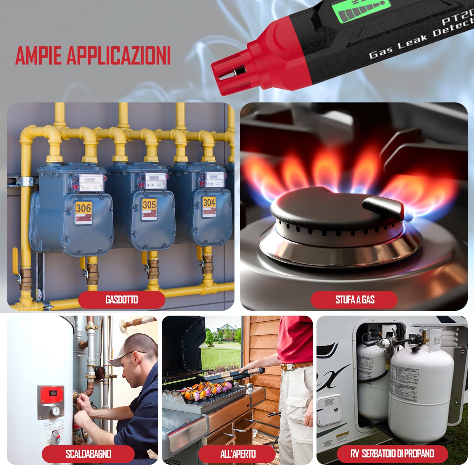 Rilevatore di fughe di gas, TECHAMOR PT202 Allarme portatile per fughe di gas naturale Individua le perdite di gas combustibili come metano, GPL, GNL, carburante, gas di fognatura (nero)