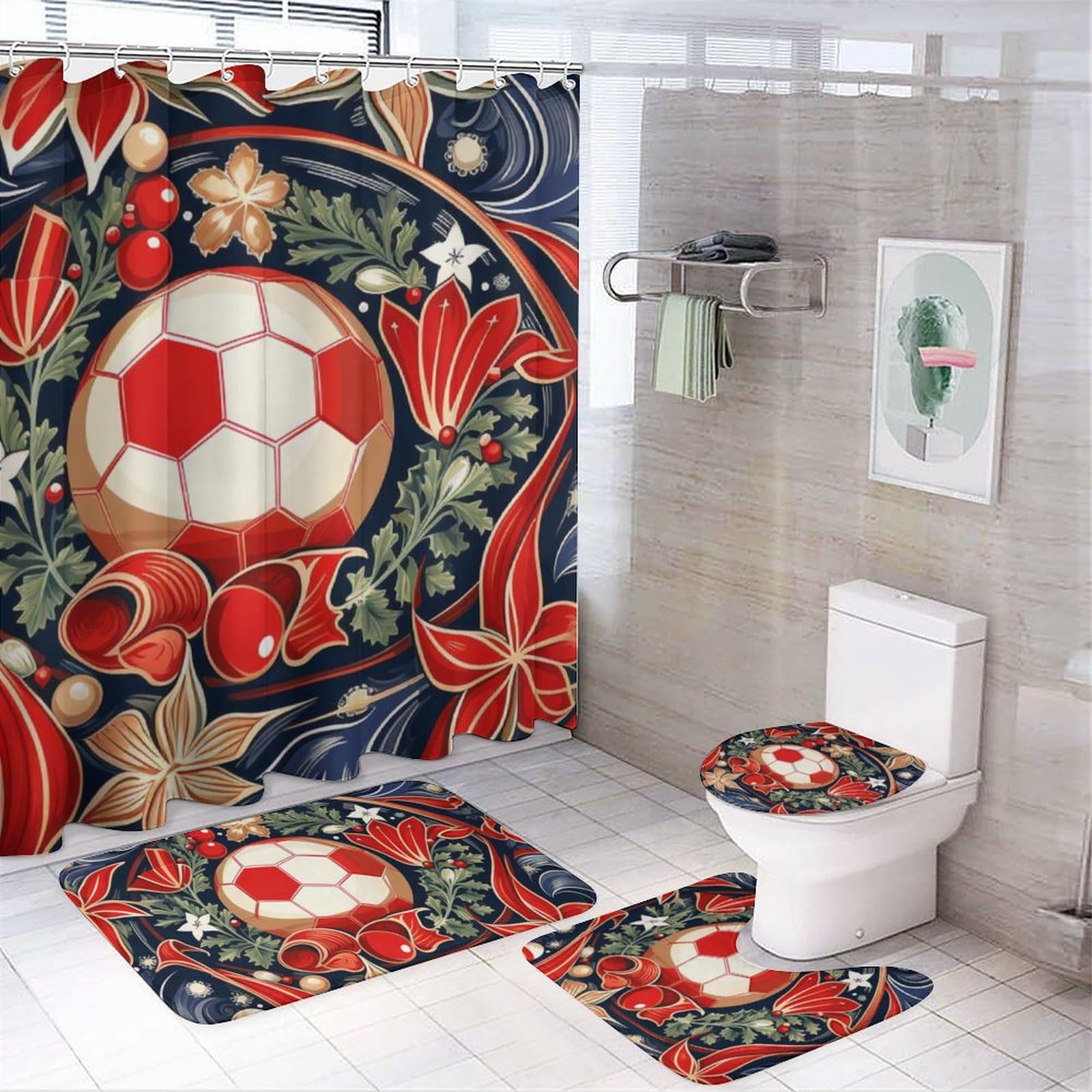 HighonHi 4 Piece Bathroom Shower Curtain Sets Rug Toilet Lid Cover and Non-Slip U Shape Mat Christmas Football Soccer Ball Waterproof Personality Pattern Bath Curtain Sport Soccer Ball Chic Football