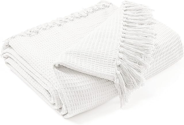 EHC Waffle Cotton Woven King Size Sofa Throw 3 Seater Sofa/ Chair/ Double Bed, 228 x 254 cm, Ivory