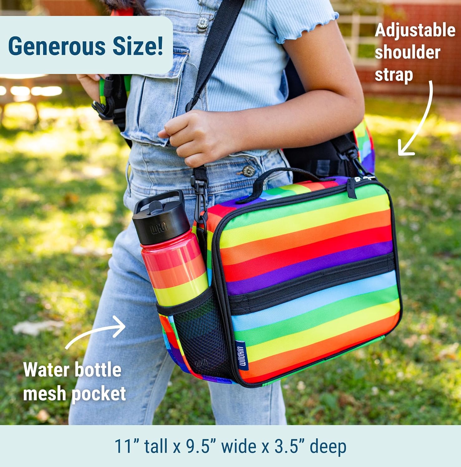 Wildkin Kids ECO rPET Insulated Lunch Box – Keeps Food Hot or Cold, Easy-Clean Lining, Mesh Pockets & BPA-Free – Boys & Girls, Ideal for School, Travel & Daycare – Rainbow Stripe