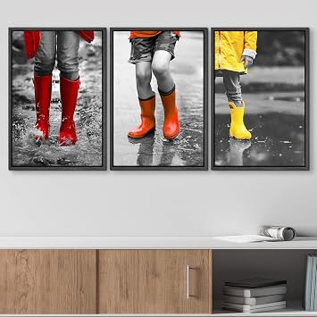 wall26 3 Panel Framed Canvas Wall Art - Bright Color Red and Yellow Rain Boots in Black and White Photo - Giclee Print Gallery Wrap Modern Home Art Ready to Hang - 16x24x3 Black