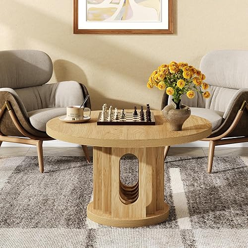 Vista 5 de Mesa de centro redonda de 31.5 pulgadas, pequeño círculo de madera central, panel de orificios, diseño de empalme, mesas de centro para sala