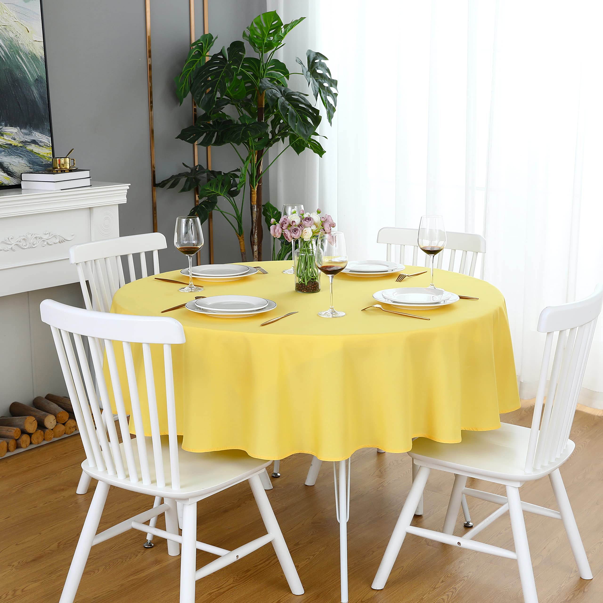 FOLINS&HOME Mantel redondo amarillo de 48 pulgadas, impermeable, resistente, sin arrugas, tela de poliéster, lavable, a prueba de derrames, para fiestas, camping, picnic, banquetes, uso en interiores