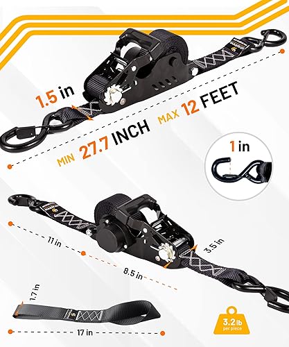 Miniatura 3 de Strapinno 2 correas retráctiles de amarre de trinquete con ganchos en S de bloqueo de seguridad y correas de bucle suave, correa de trinquete