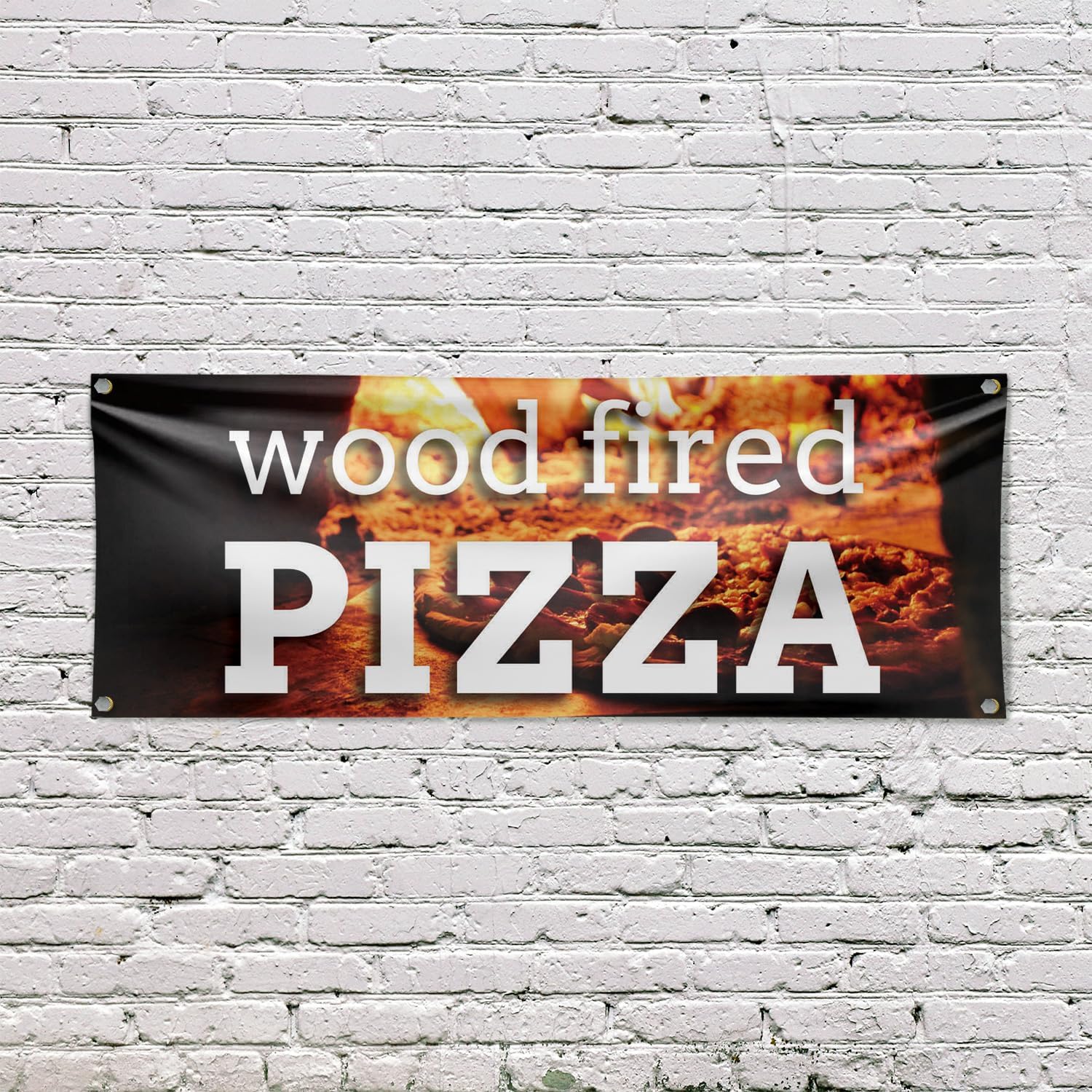 Wood Fired Pizza Banner Sign 18 Inch x 48 Inch | 13 oz Vinyl with Metal Grommets | Heavy-Duty Single-Sided Outdoor Durable Printed High-Quality Weatherproof | Made in the USA