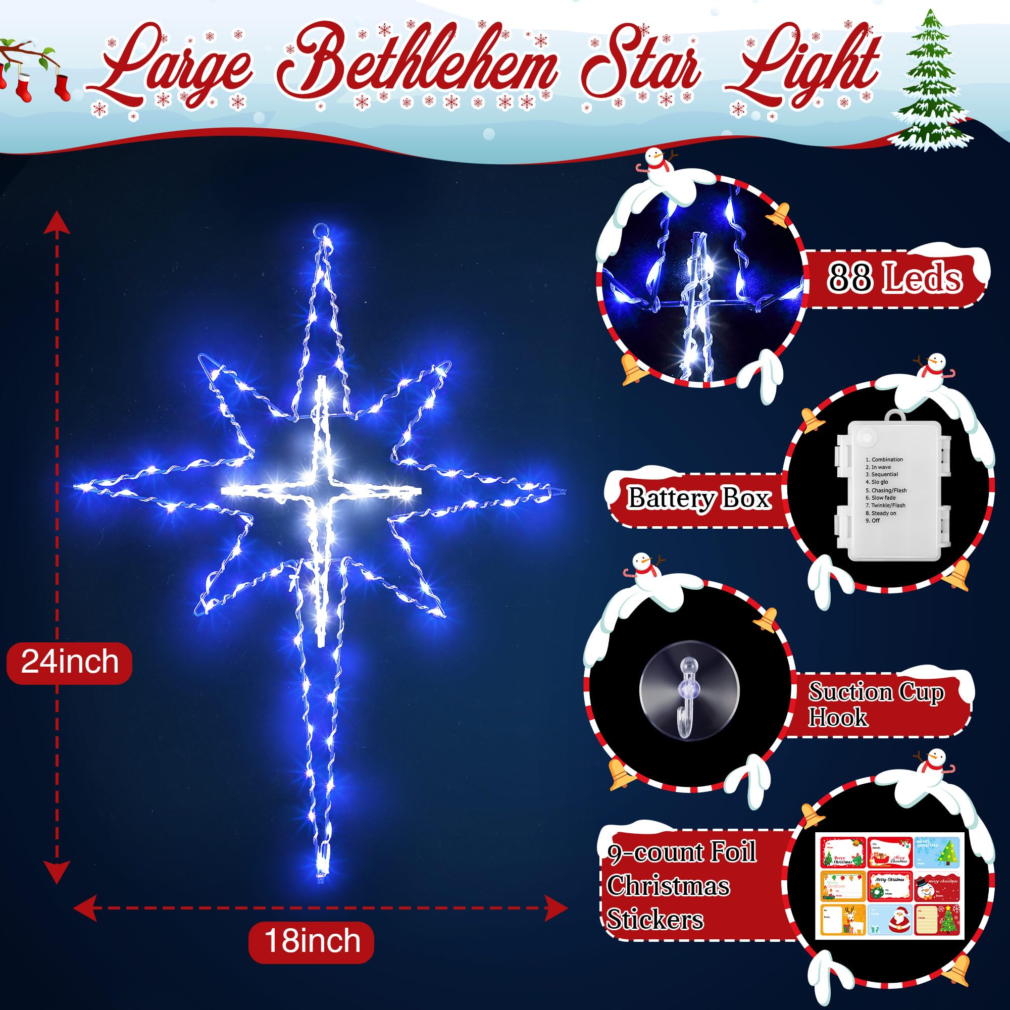 Hiboom Grande décoration de fenêtre de Noël de 61 cm, 8 modes, silhouette de fenêtre avec minuterie, étoiles lumineuses Bethléem à piles pour fenêtre en vacances de Noël