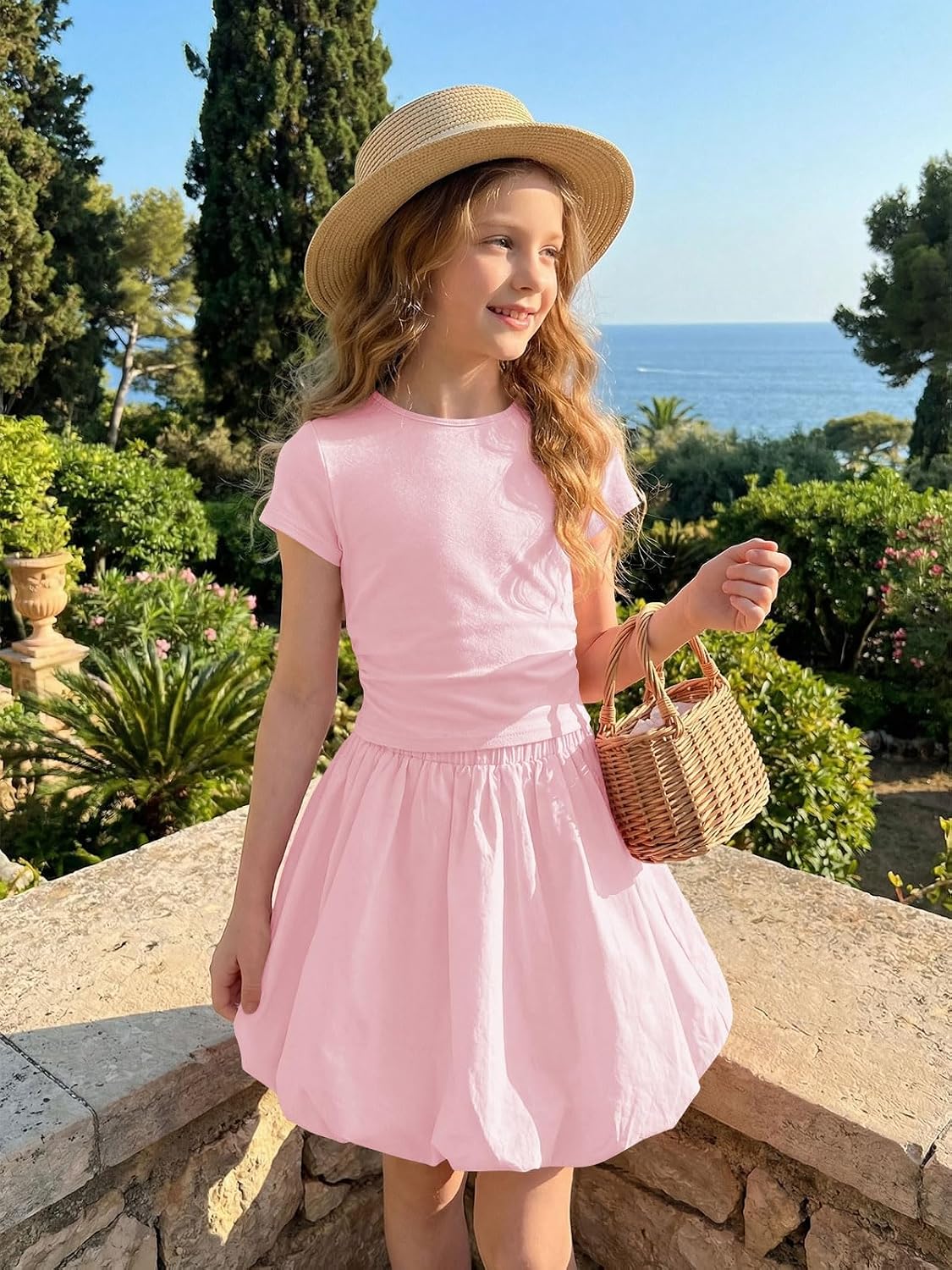 Haloumoning Girls Skirt Sets 2-Piece Ruched Bubble Skirt Outfits 5-14Y