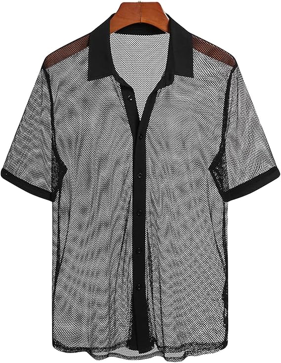 Amazon Co Jp メンズシャツメッシュ透明ラペル半袖セクシーファッション服ストリートウェアボタンパーティーナイトクラブカミサス ファッション