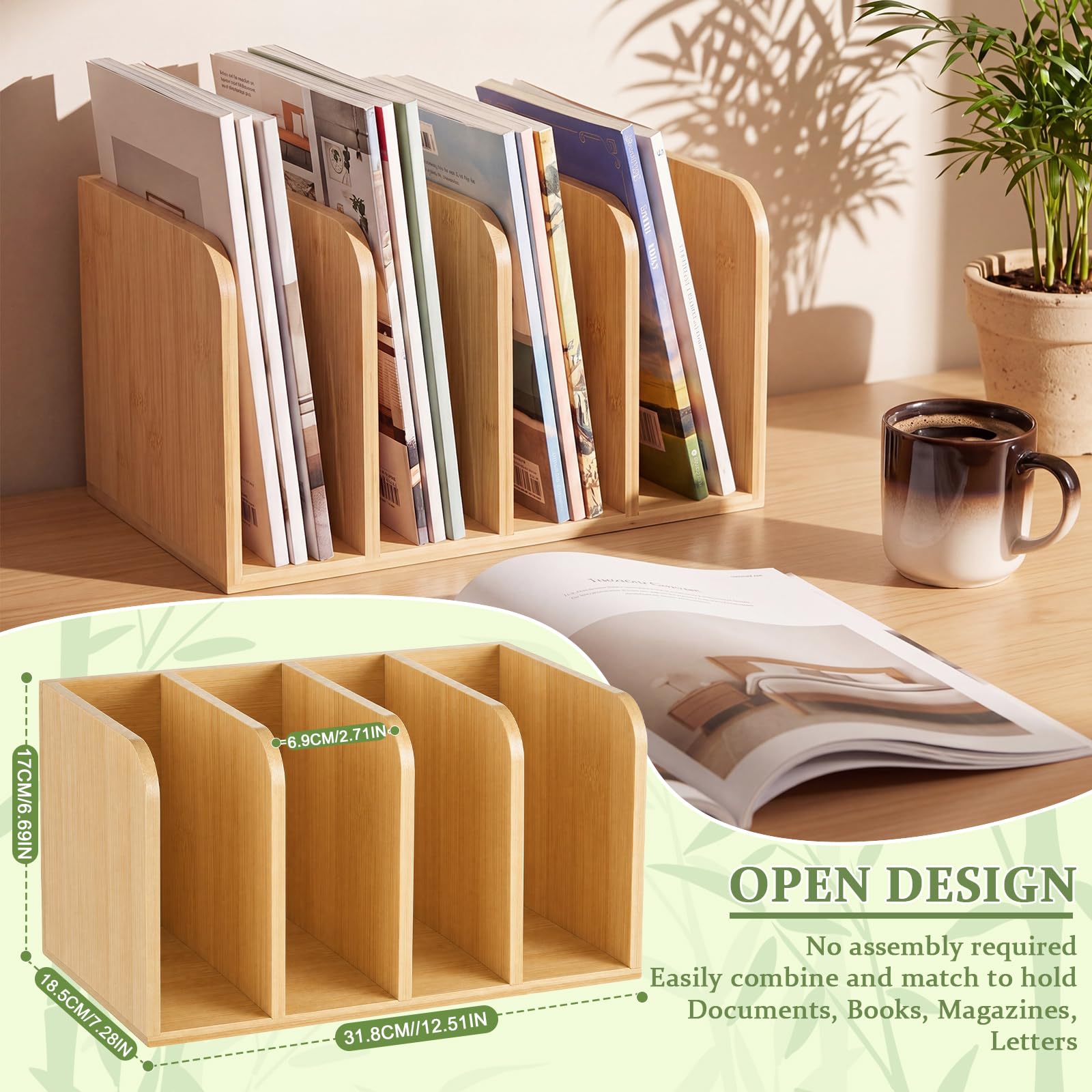 Novabright Zeitschriftensammler aus Bambus mit 4 Schlitzen, Schreibtisch-Organizer, 4 vertikale Fächer, Arbeitsplatzsortierer für Zeitschriften, Ordner, Notizbücher, Umschläge