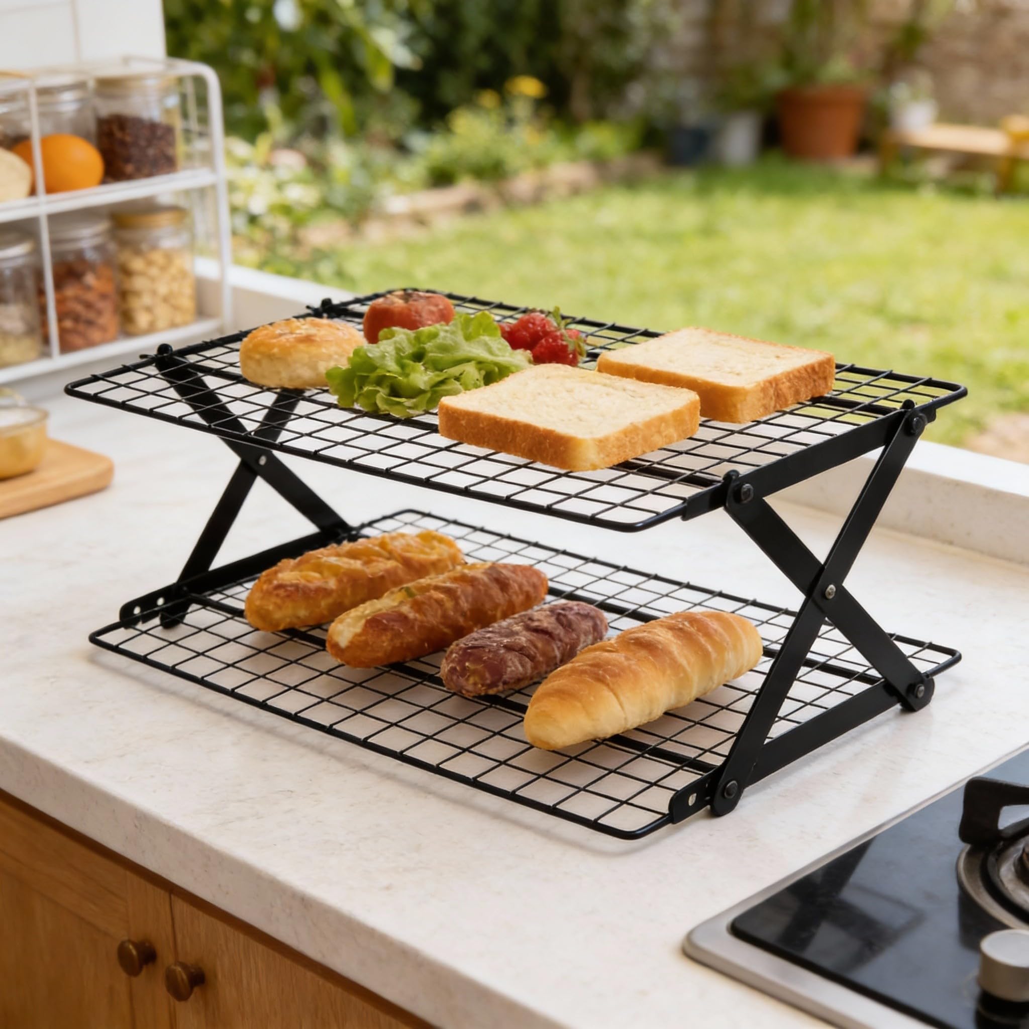 2/3/4-Tier Collapsible Cooling Rack with Adjustable 3 Setting Design, Folding Stackable Roasting Cooking Drying Wire Rack, Adjustable Non-Stick Drying Rack for Baking, Roasting, Cookies(2-layer)