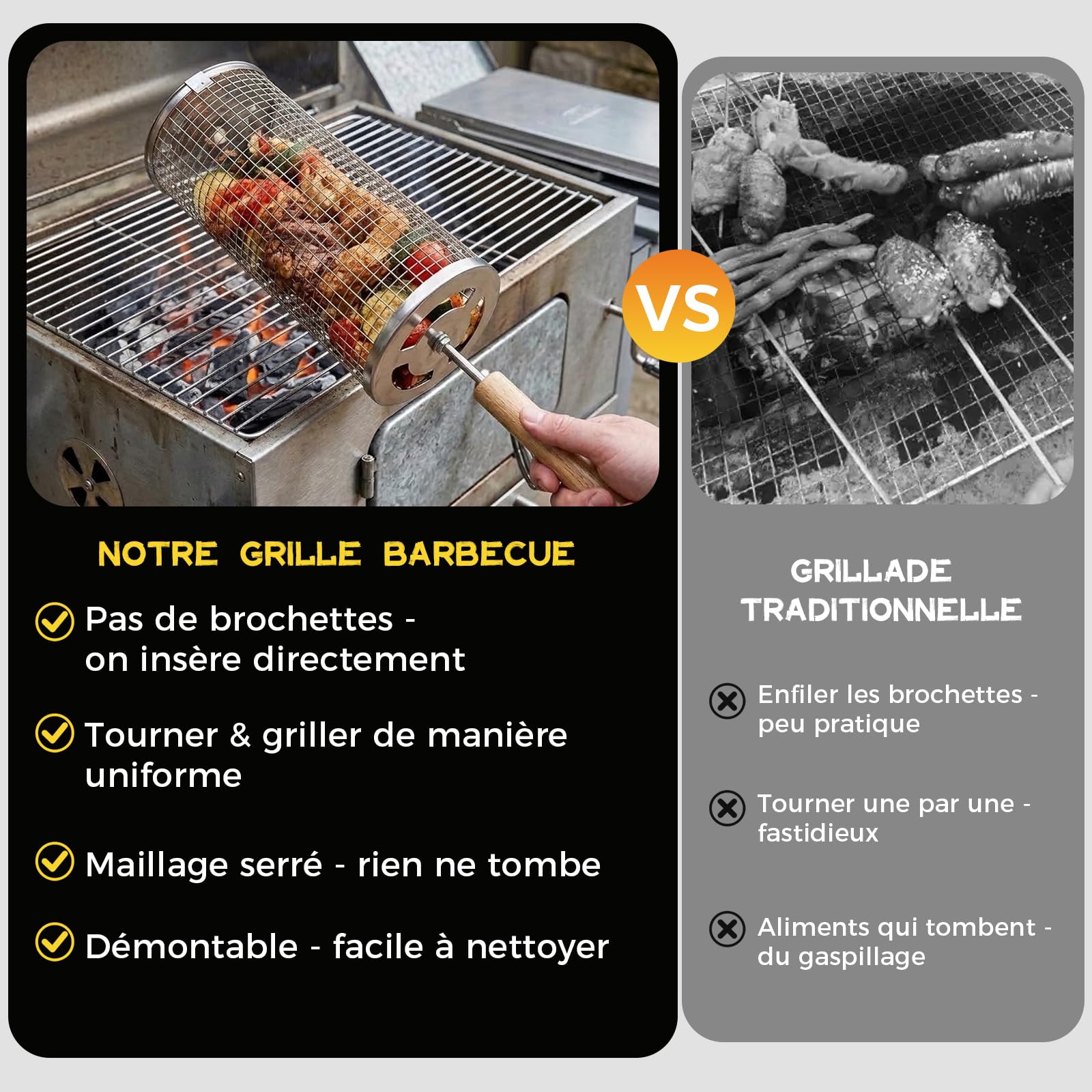 Paniers À Barbecue Set De 2,Accessoires Barbecue Pour Légumes,Crevettes, Champignons,Manche En Bois Amovible,Acier Inoxydable 304,Grillades En Extérieur,Cadeau Pour Hommes Et Papas (Argent brillant)