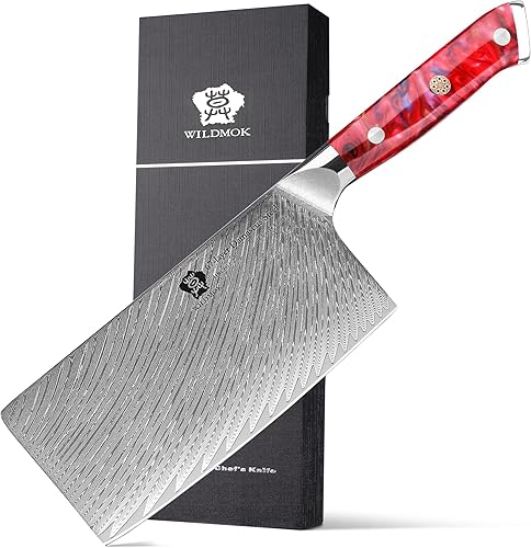 Miniatura 1 de WILDMOK Cuchillo de carnicero ultra afilado de 7 pulgadas, cuchillo de carnicero de acero Damasco con hoja forjada y mango de resina, cuchillo chino