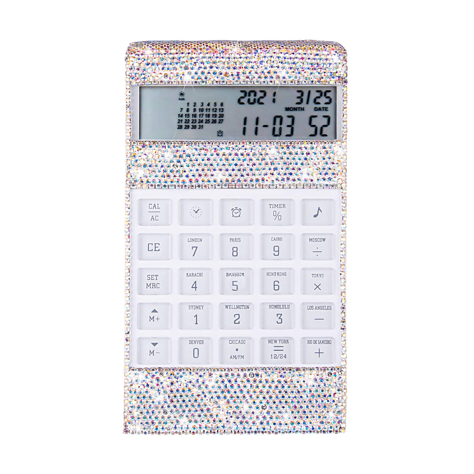 Office Calculator with Bling Crystal Decorative with Calendar Time Alarm Clock for Fashionable Desk Accessory, Office or Home Gift (AB Color)