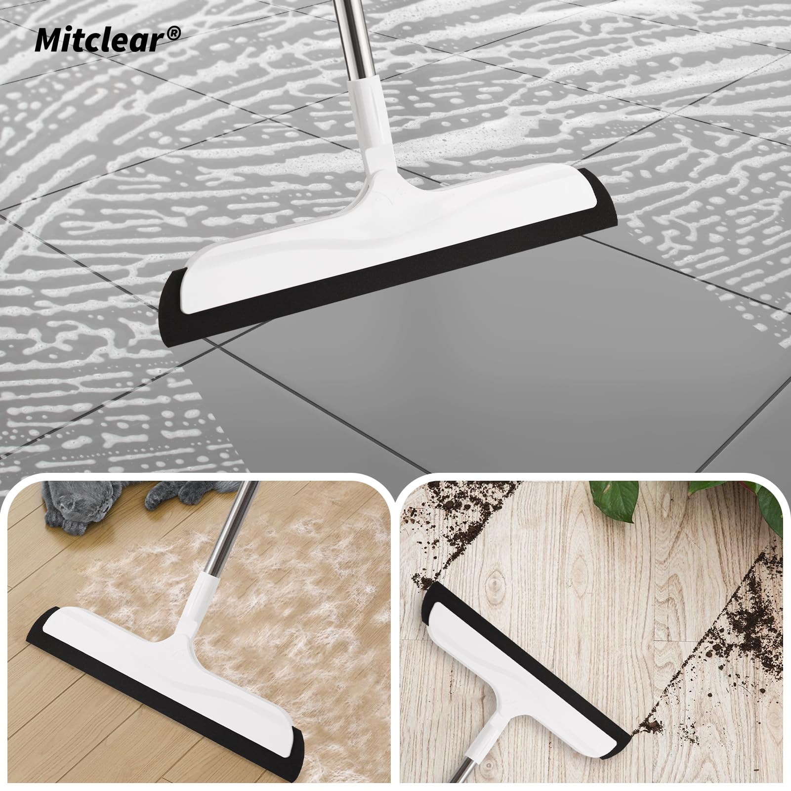 Mitclear Balai Raclette Sol – Manche Télescopique 124 Cm + Lame Mousse EVA – Nettoyage Eau, Poils Animaux, Cuisine & Salle De Bain