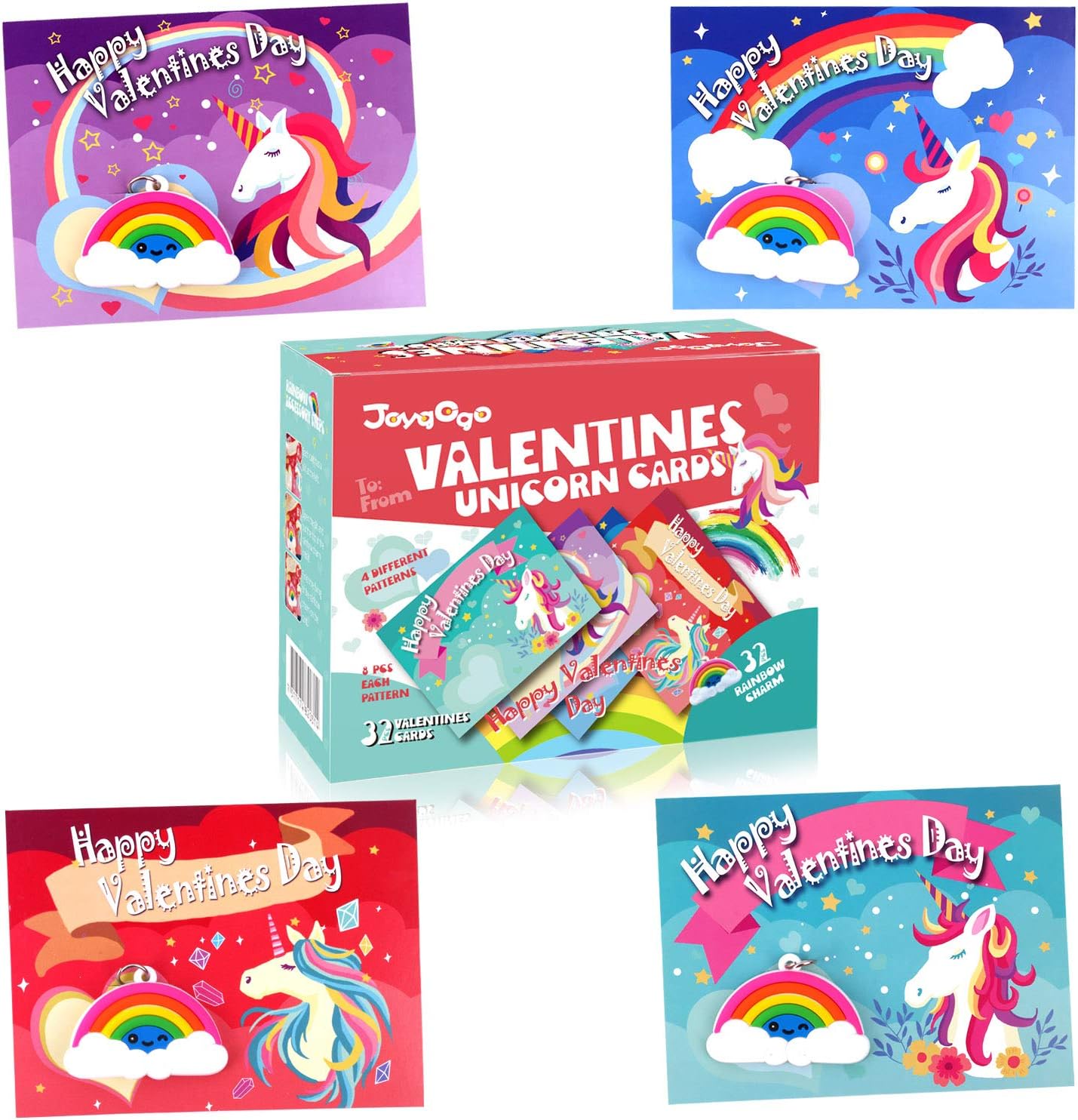 JOYGOGO Valentines Cards for Kids, 32 Unicorn Valentines Cards with Envelopes and 32 Rainbow Charm, Valentines Day Gifts for Kids,Valentine Treats for School