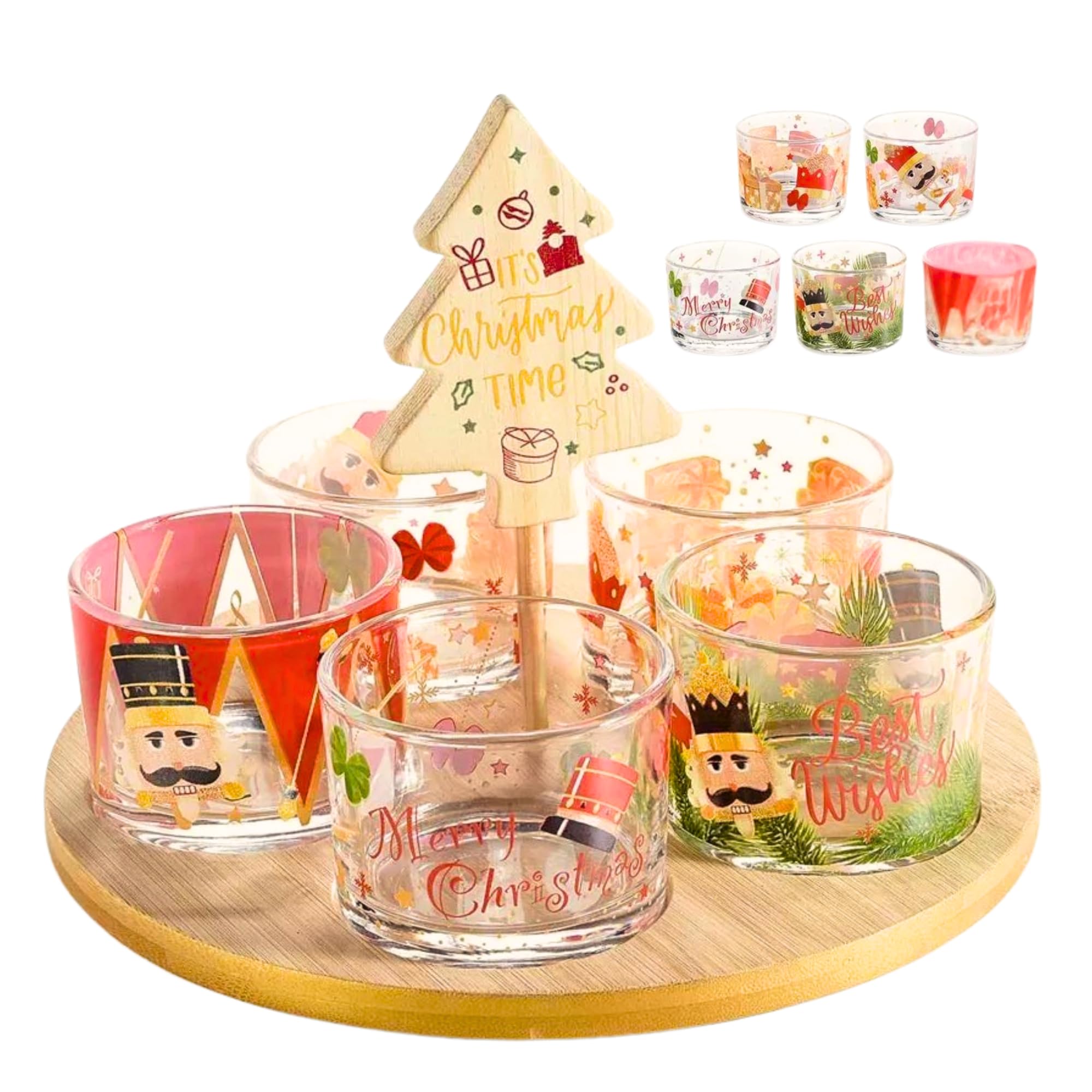 Plat Apéritif de Noël avec 5 Verres Décoratifs et Sapin en Bois – Set Apéritif Chic Motif Casse-Noisette – Vaisselle de Noël - Service Apéro Festif et Idée Cadeau