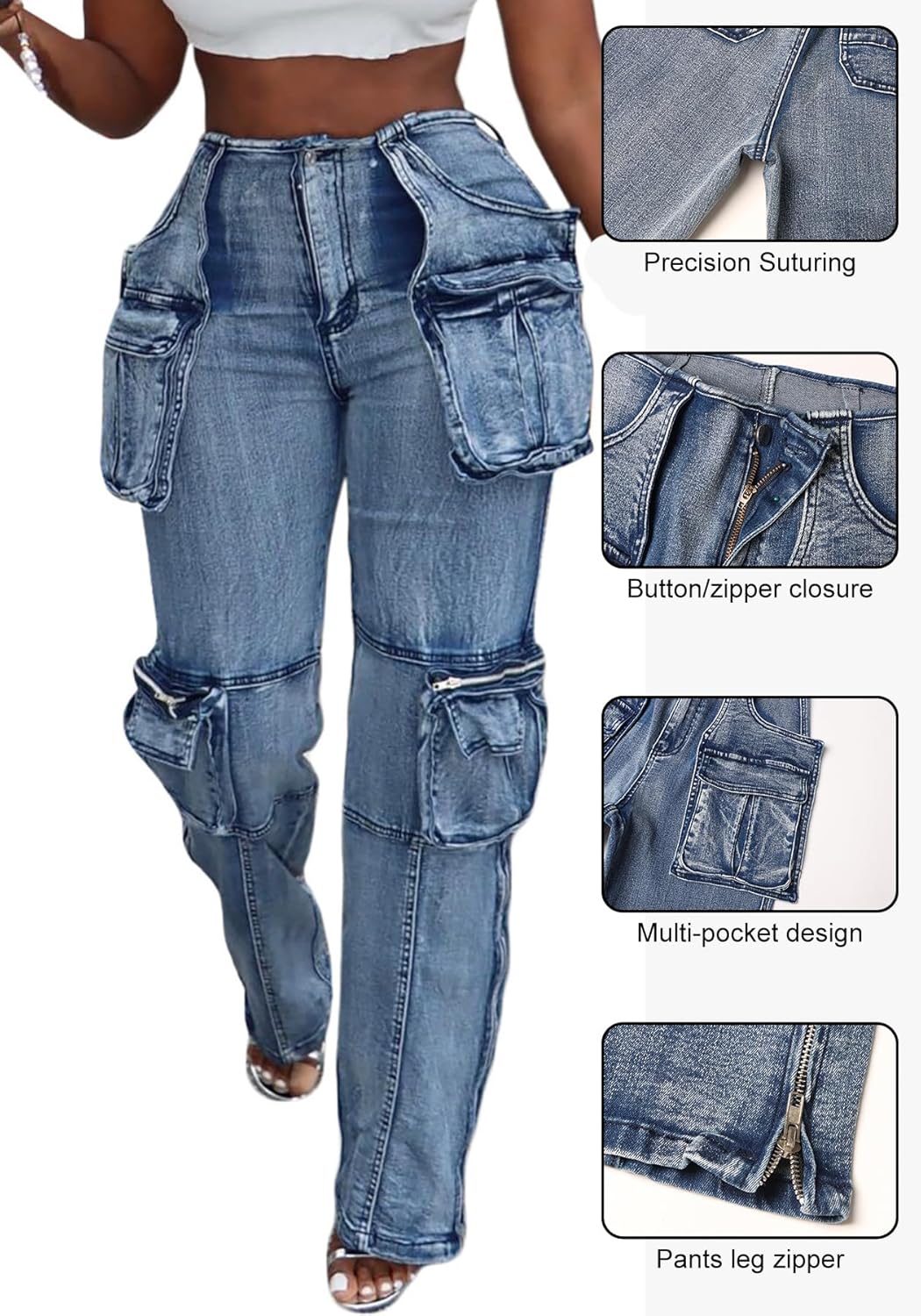 LKOUS Womens Casual High Waisted Cargo Jeans Baggy Stretchy Zip Side Slit Denim Pants with Multi Pockets - Image 4