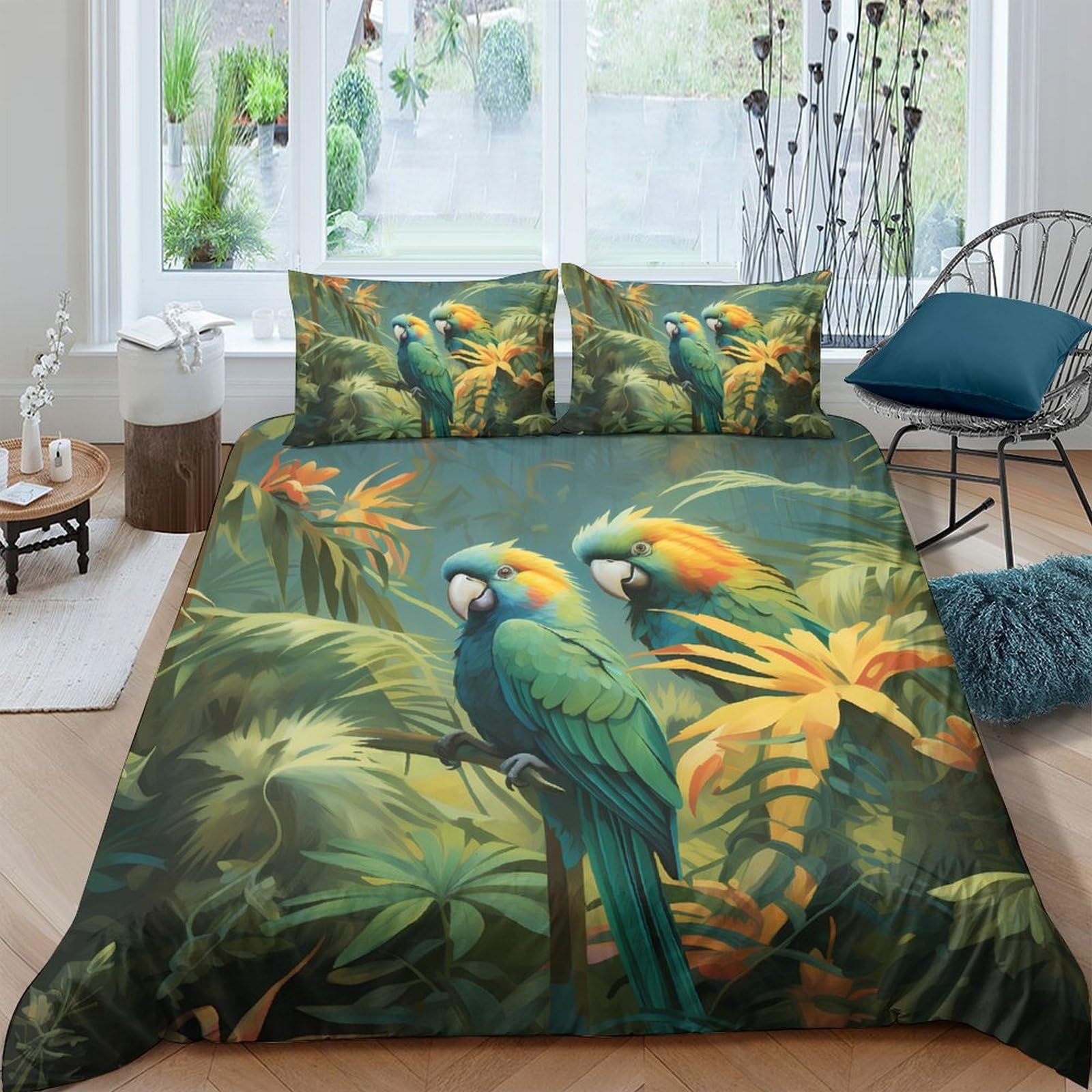 Ctjqhvkz Style-4 3D Printed Tropical Parrot Fitted Sheet Microfiber Green Jungle Bird Bed Cover For Bedroom Guest Room Decor Single（135X200cm）