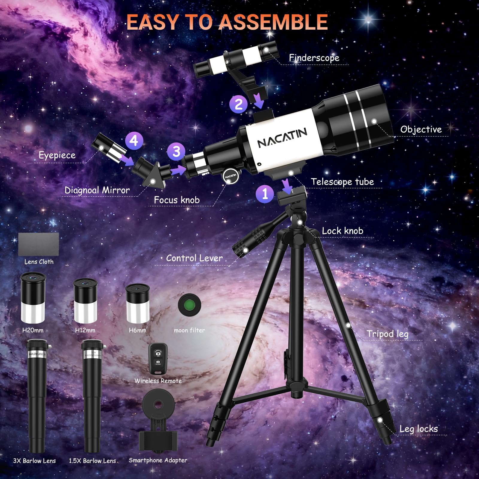 Telescopio astronómico con apertura de 70 mm y distancia focal de 300 mm (blanco)