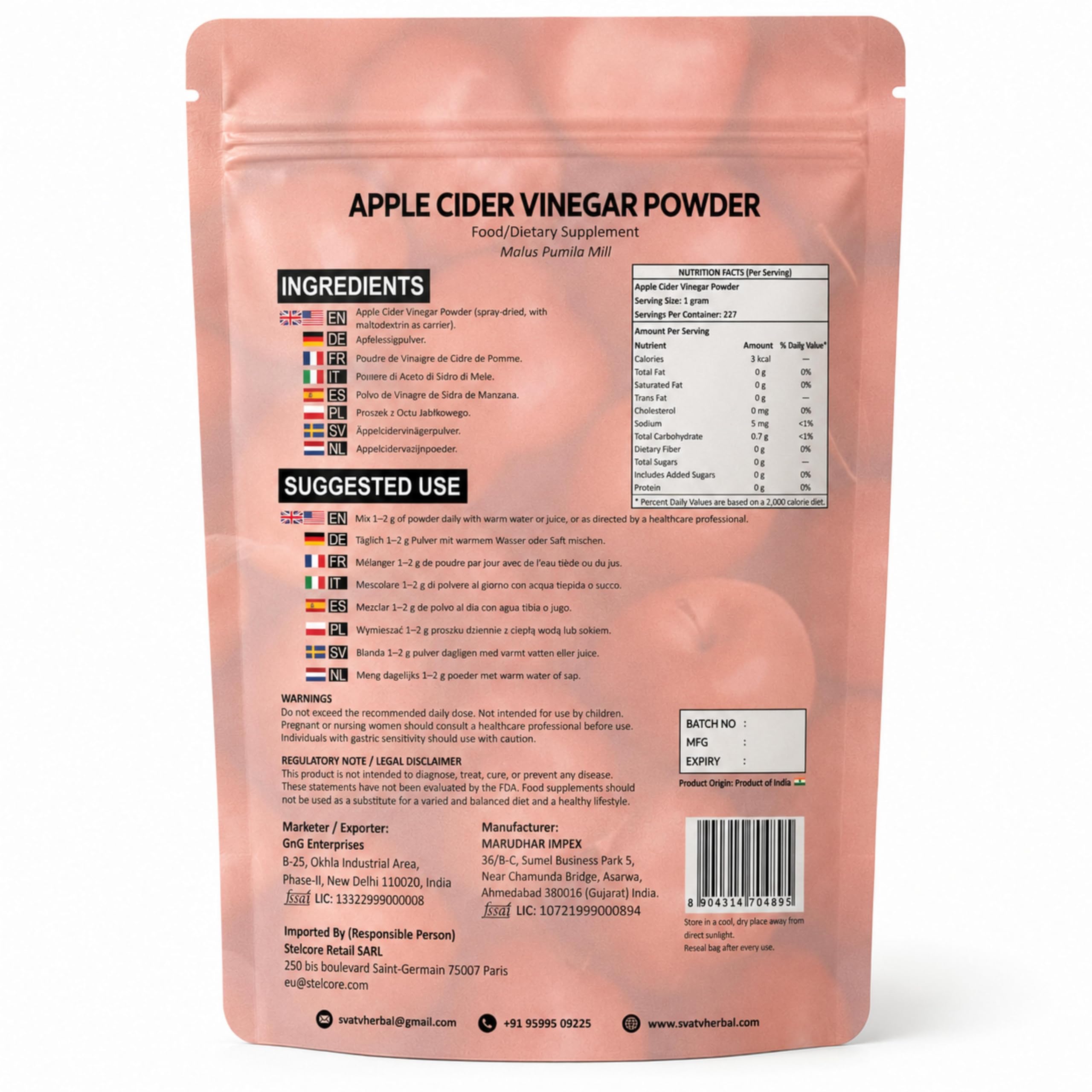 SVATV Vinagre de sidra de manzana natural en polvo 227g Sin gluten 75 porciones