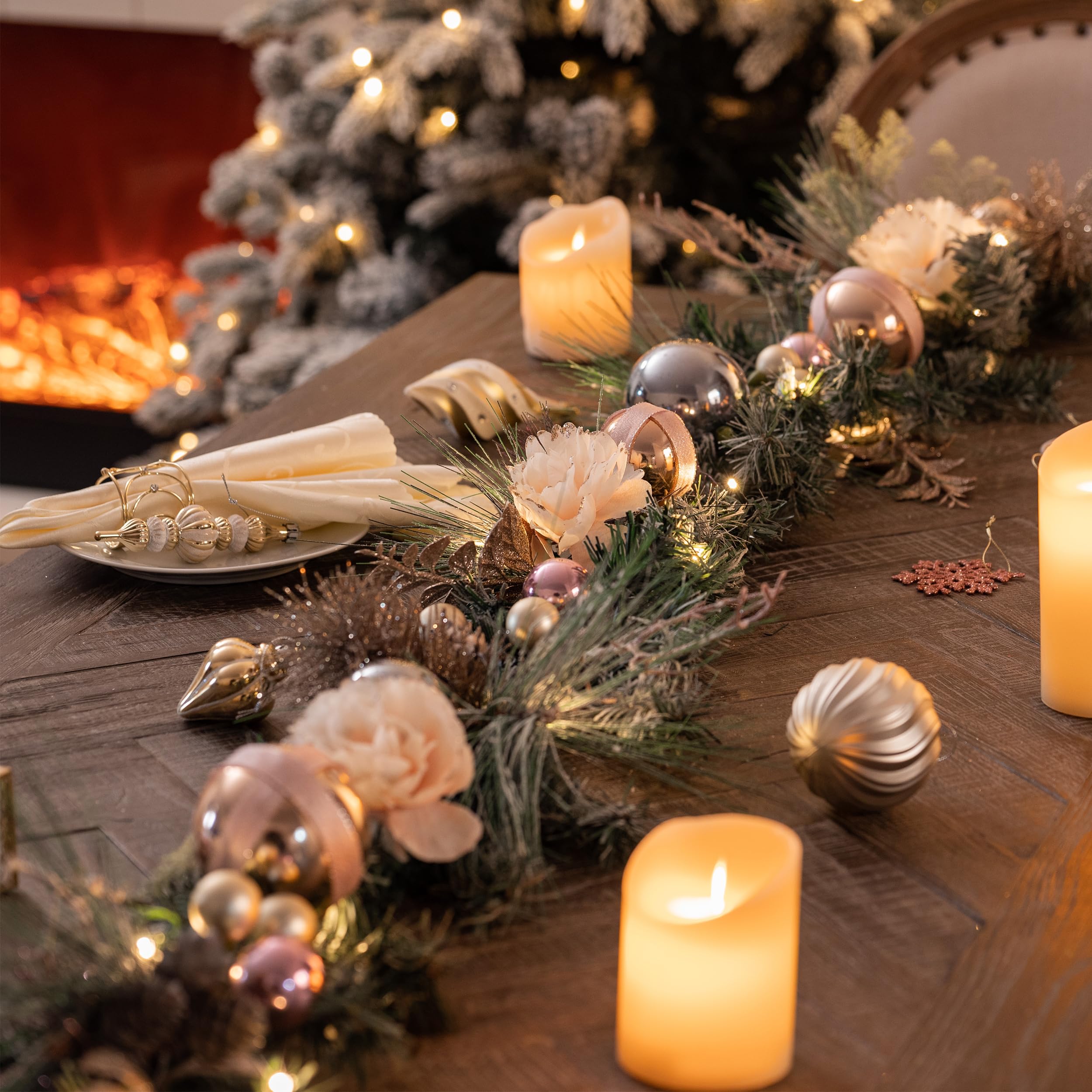 Valery Madelyn 6 Fuß/183 cm Weihnachtsgirlande für Kaminsims Beleuchtet batteriebetrieben Tannengirlande mit Kugeln, 20 LED-Lichtern und Timer-Funktion für Weihnachtsdekoration Rose Gold
