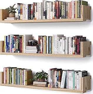 Wall Bookshelf, Set of 3, 36 Inches U Shaped Wall Shelves, Long Deep Floating Shelves, Large Floating Book Shelves - Wood Hanging Bookshelves for Kitchen, Bedroom (Light Brown, 35.4 Inches)