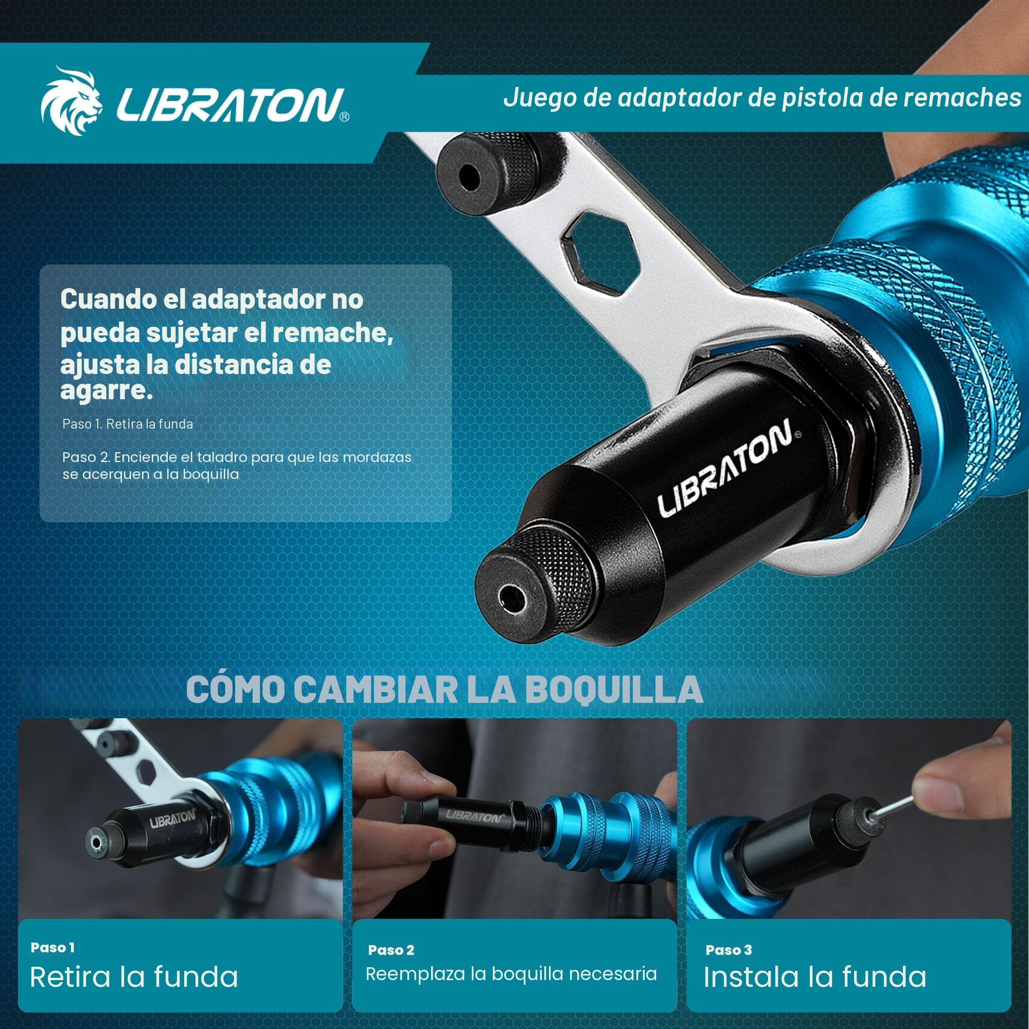 LIBRATON Adaptador de Remachadora para Taladro, Adaptador de Remache para Taladro Eléctrico, Accesorio de Remache para Taladro Inalámbrico, con Asa, Fácil Procesamiento 2,4mm 3,2mm 4,0mm 4,8mm