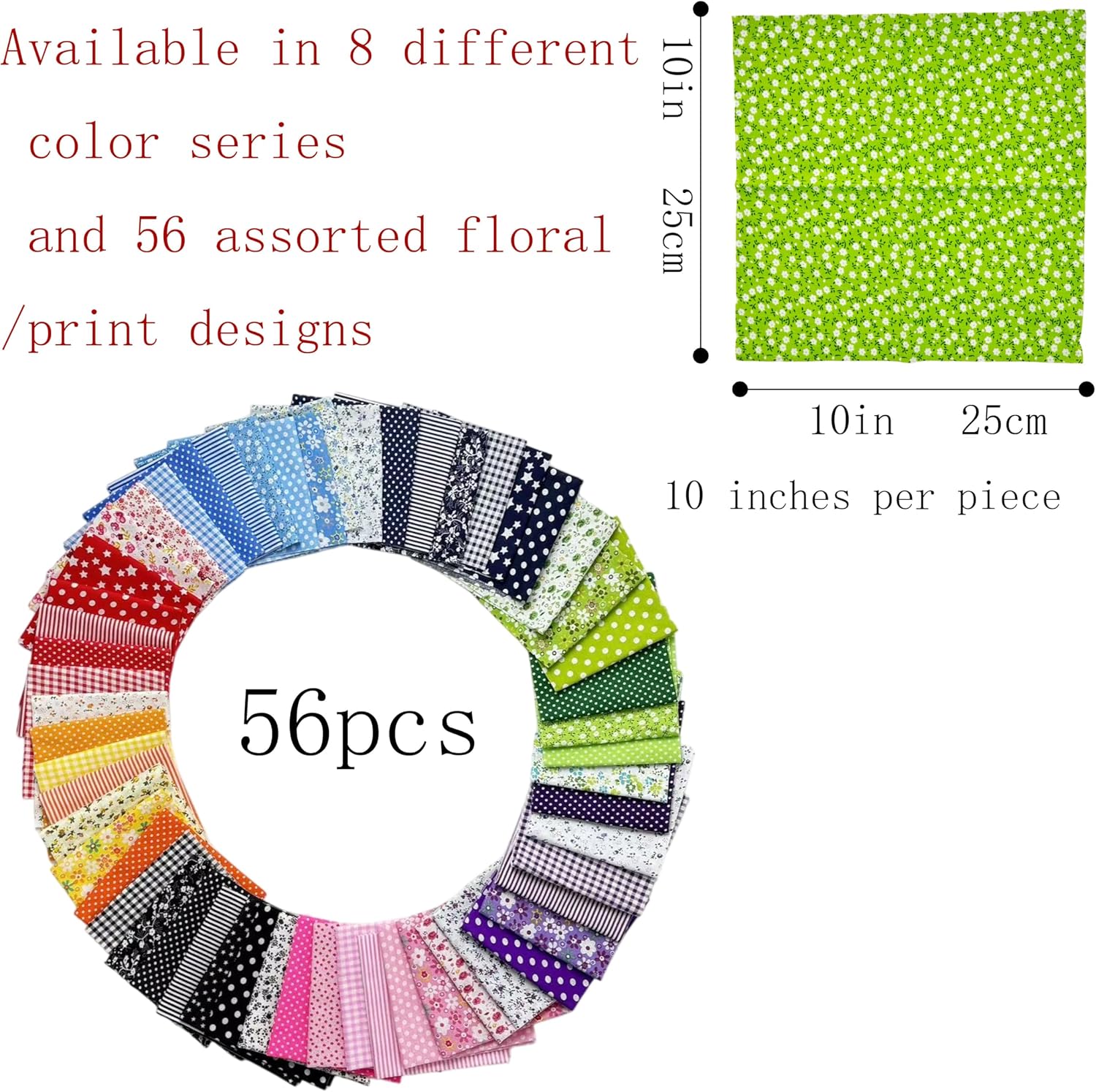 56 Pcs 10" x 10" Cotton Fabric Squares, Fat Quarter Bundles