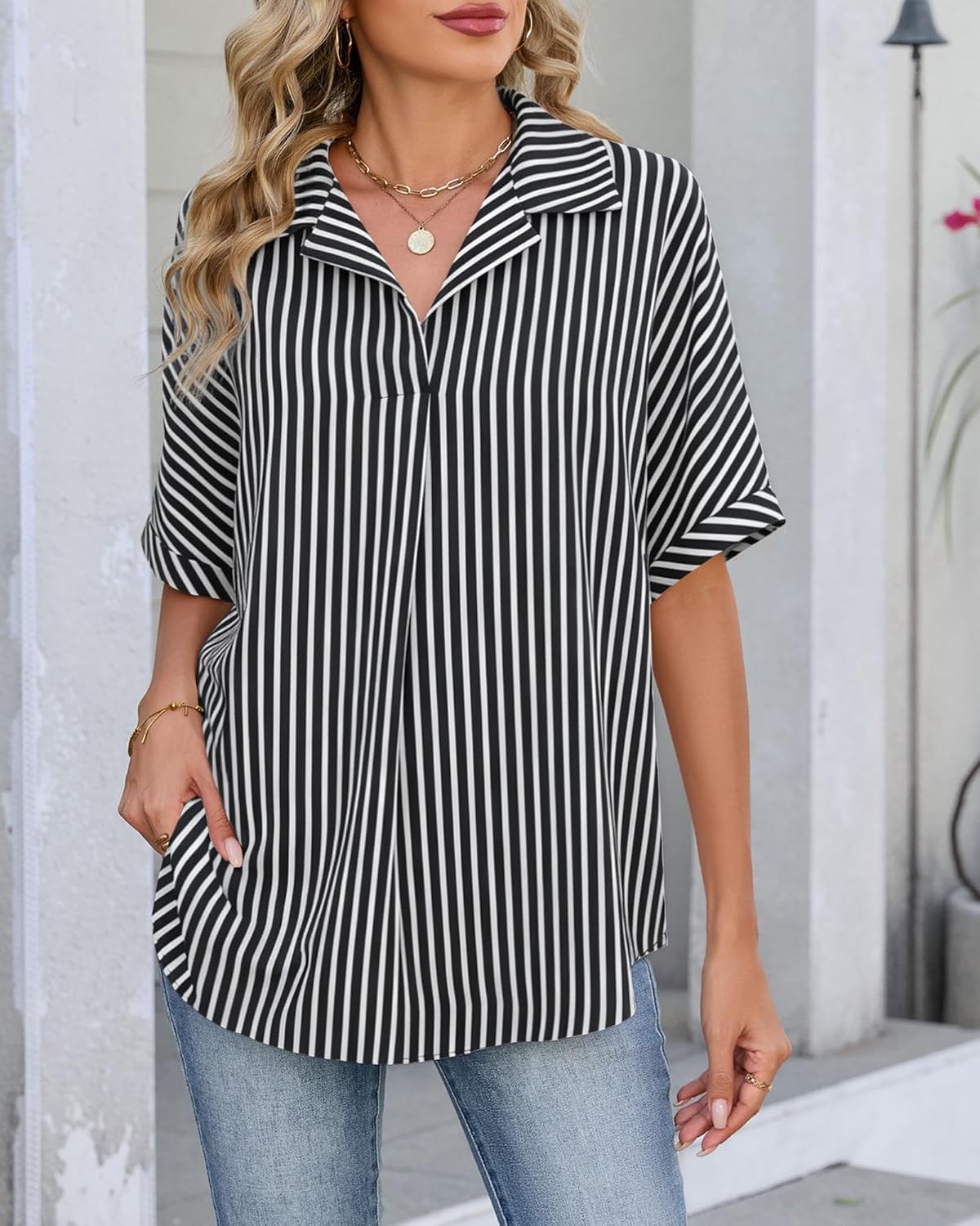 Womens Loose Fit Shirts Short Sleeve Striped Shirt Casual Collared Tops Women Office Work Blouses - Image 2