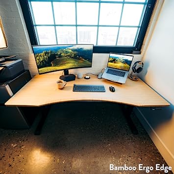 Desky Dual Ergo Edge Electric Standing Desk 60 x 30 inch Sit Stand Table with Curved Front, Height Adjustable with Cable Management & Memory Presets Bamboo