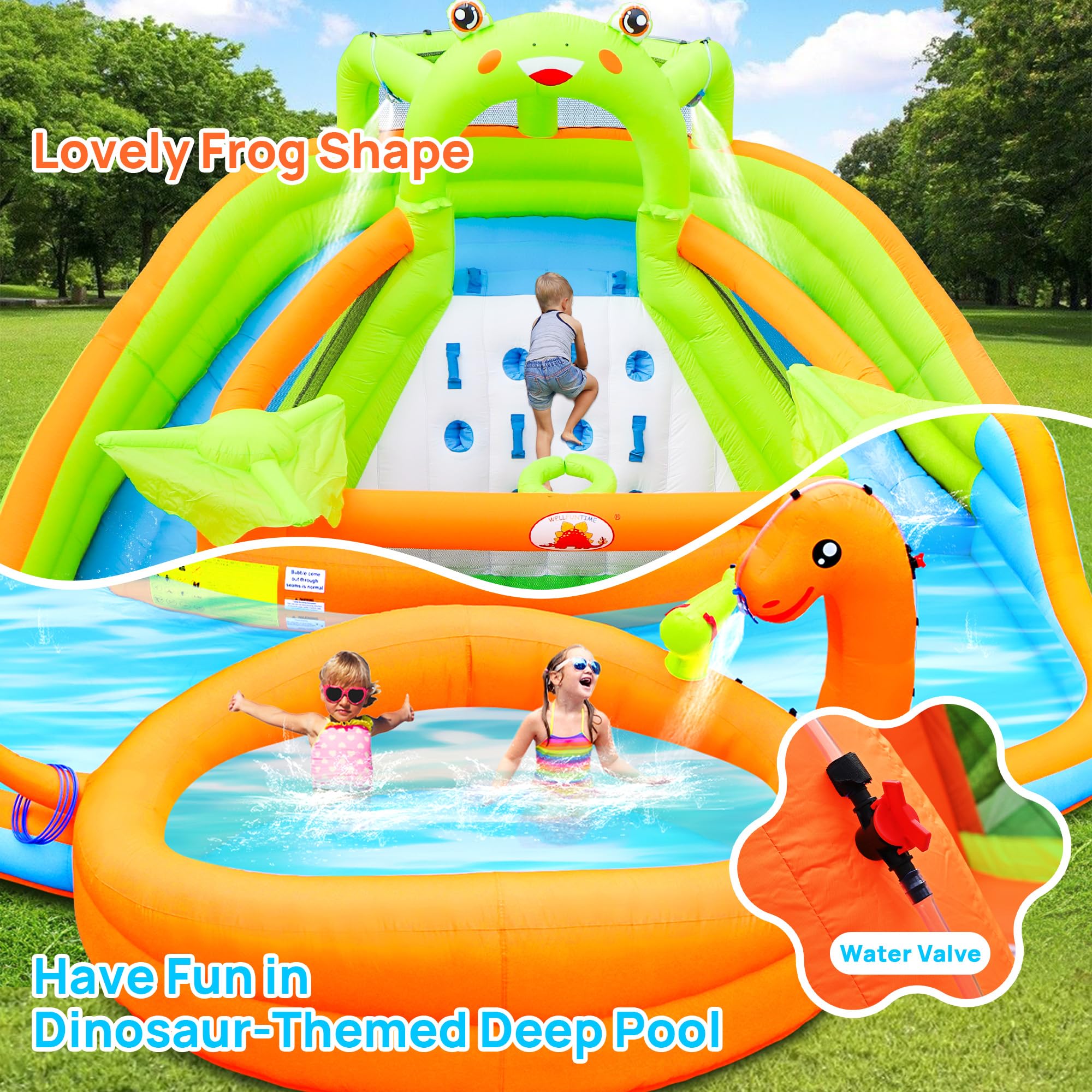 WELLFUNTIME Parque inflable de doble tobogán acuático con soplador, castillo inflable con cañón de agua, piscina de dinosaurios, castillo de rana, pared de escalada, aro de baloncesto, parque acuático
