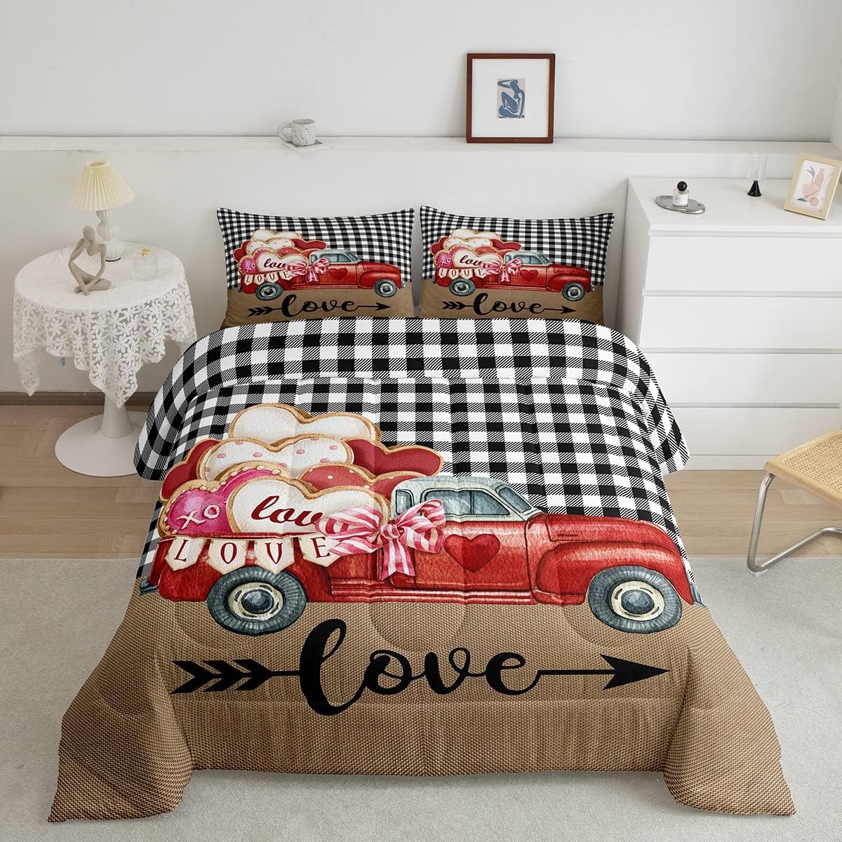 Buffalo Plaid Comforter Set King Hearts Truck Love