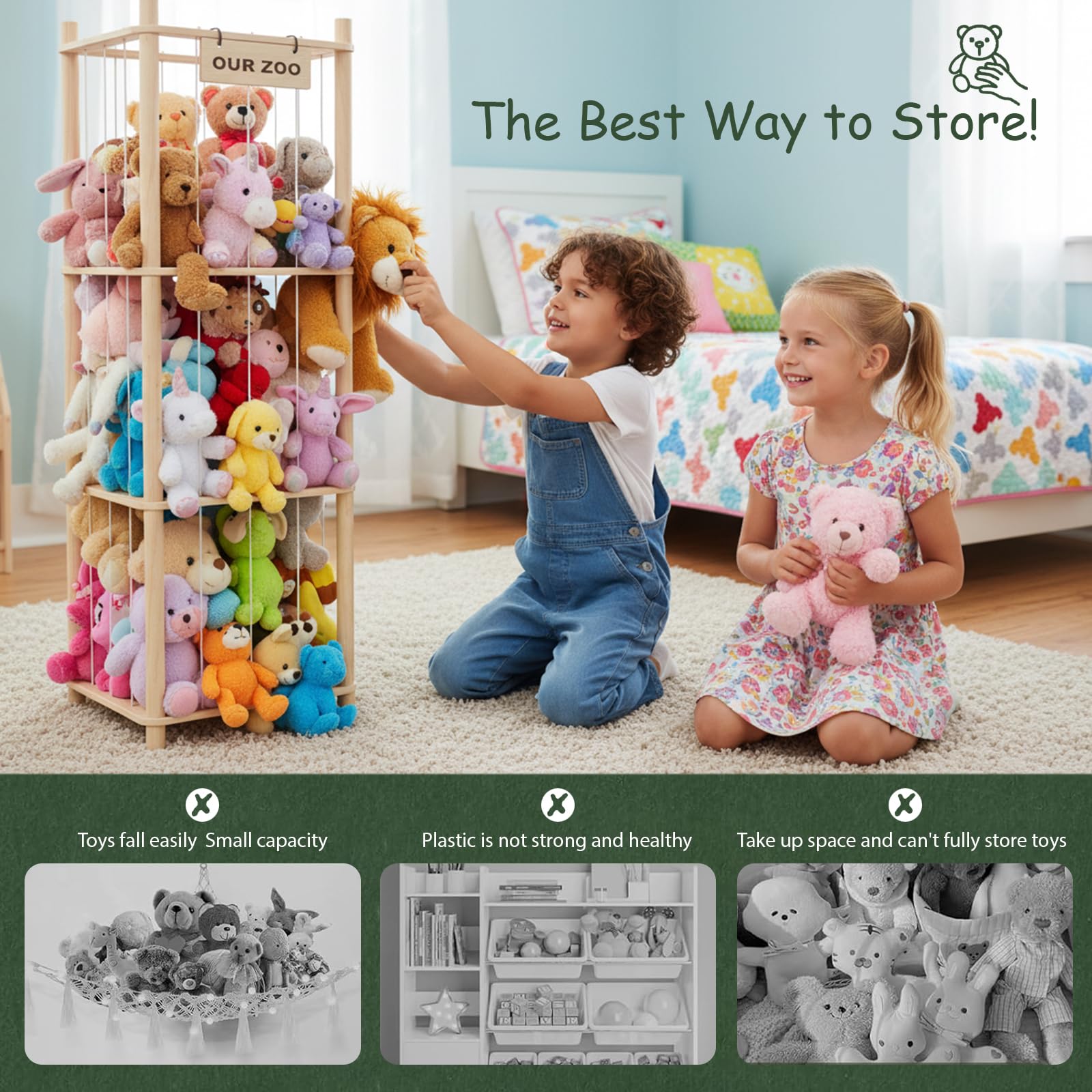 Holz Kuscheltier Aufbewahrung,Stofftier Aufbewahrung,136 * 40 * 40cm plüschtier aufbewahrung für Kinderzimmer, Spielzimmer, Wohnzimmer usw