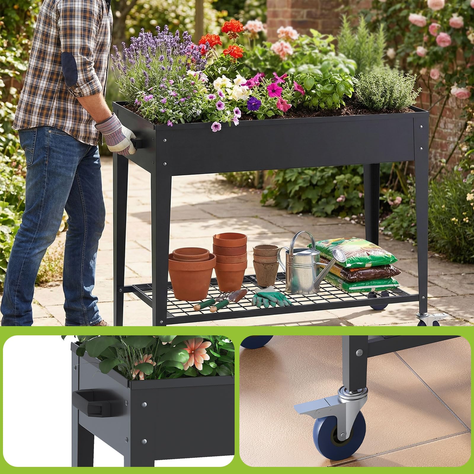 LARMNEE Huerto Elevado de Acero con Ruedas y Estante, Jardinera para Flores y Vegetales con Orificio de Drenaje, 83,5 x 40 x 76 cm, Maceta Elevada para Plantas, Apta para Balcón, Gris EGY02MP02
