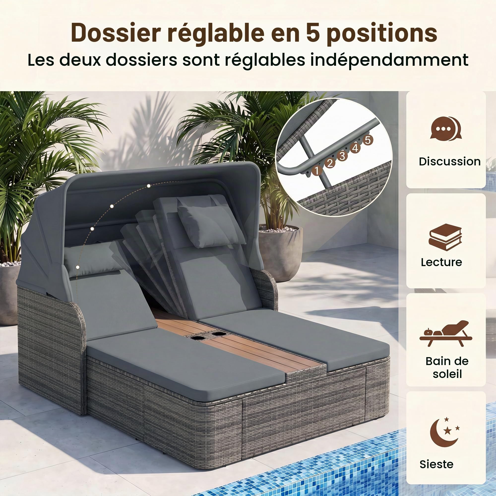 LIFEZEAL Méridienne d'Extérieur en Rotin, Lit de Repos Double en Rotin, avec Hauteur du Dossier Réglable sur 5 Positions, Auvent Rétractable, Appui-Tête, pour Jardin (Gris)
