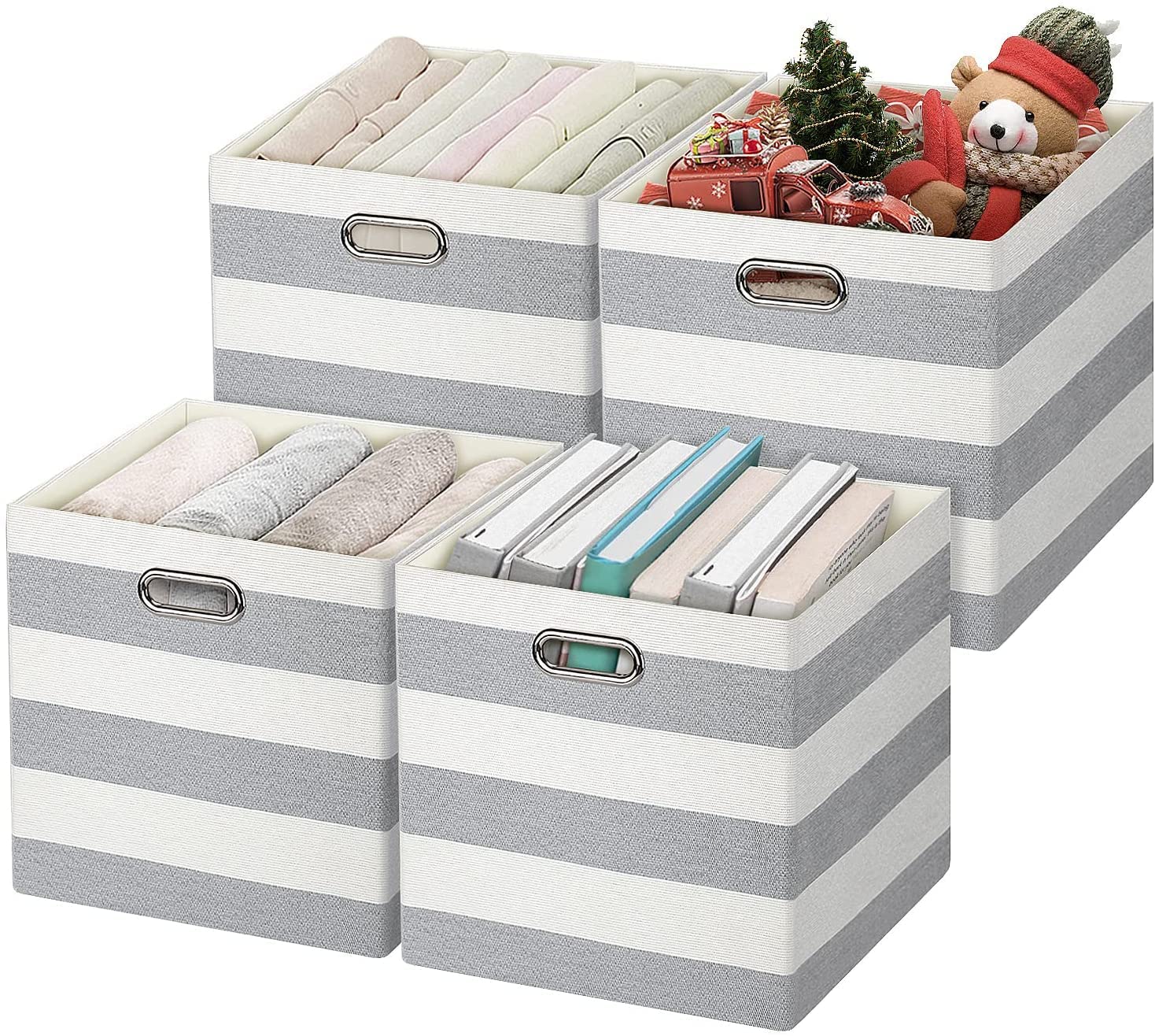 Posprica Kallax Cube Storage Boxs,33×33cm Storage Cube Basket Bins,Fabric Drawers Containers for Office,Closet, Toys, Laundry - Set of 4,Grey-white Striped