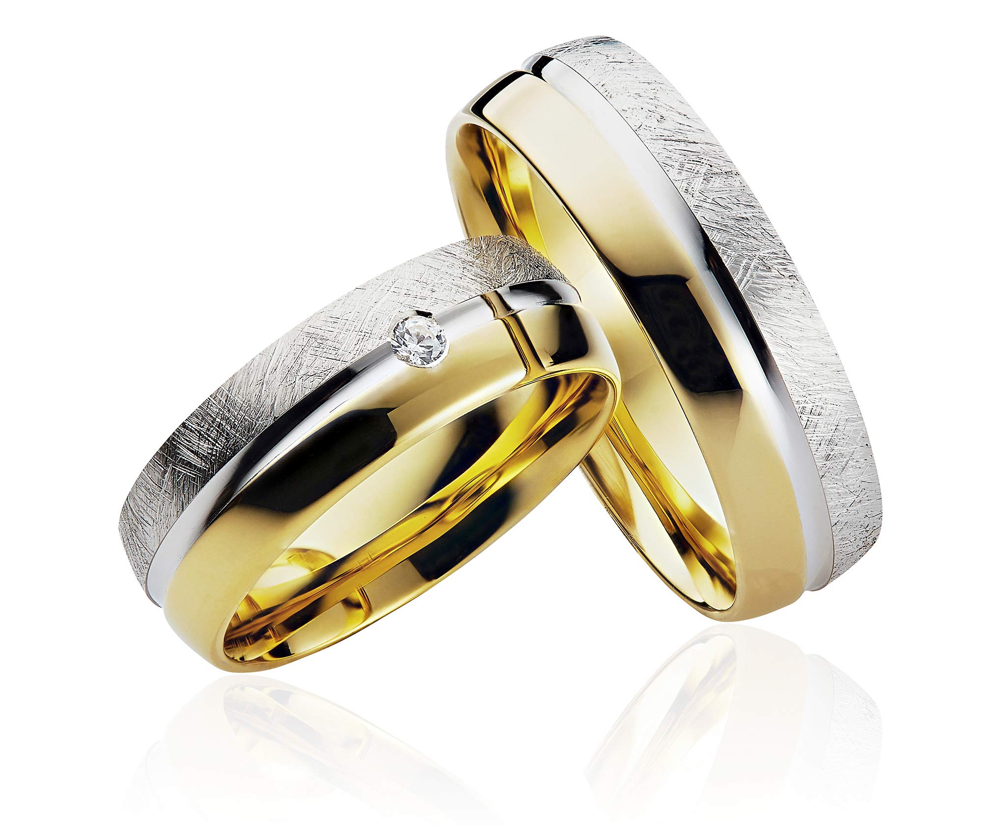 JC Trauringe 2 x Eheringe 925 Silber Gold Plattiert PAARPREIS inkl. Diamant und Gravur Ehe-ringe Verlobungs-ringe Brillant Heiraten Wedding Rings Partnerringe Platin Gold Weißgold P914-G