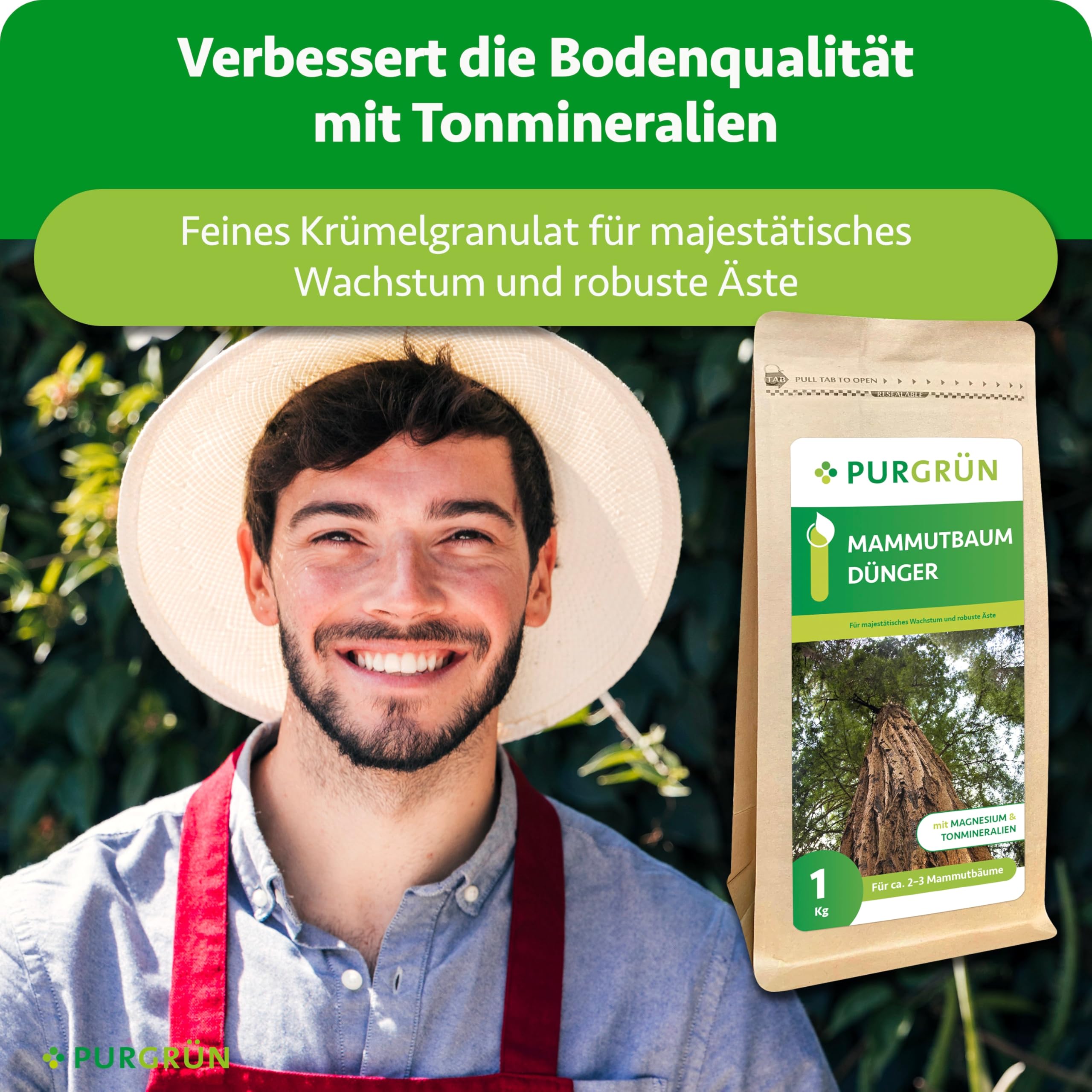 Mammutbaum-Dünger 1 kg – Extra Magnesium für schützt vor Nadelverfärbungen – Verbessert die Bodenqualität mit Tonmineralien – Feinkörniges Krümelgranulat für 3-4 Mammutbäume – chloridarm