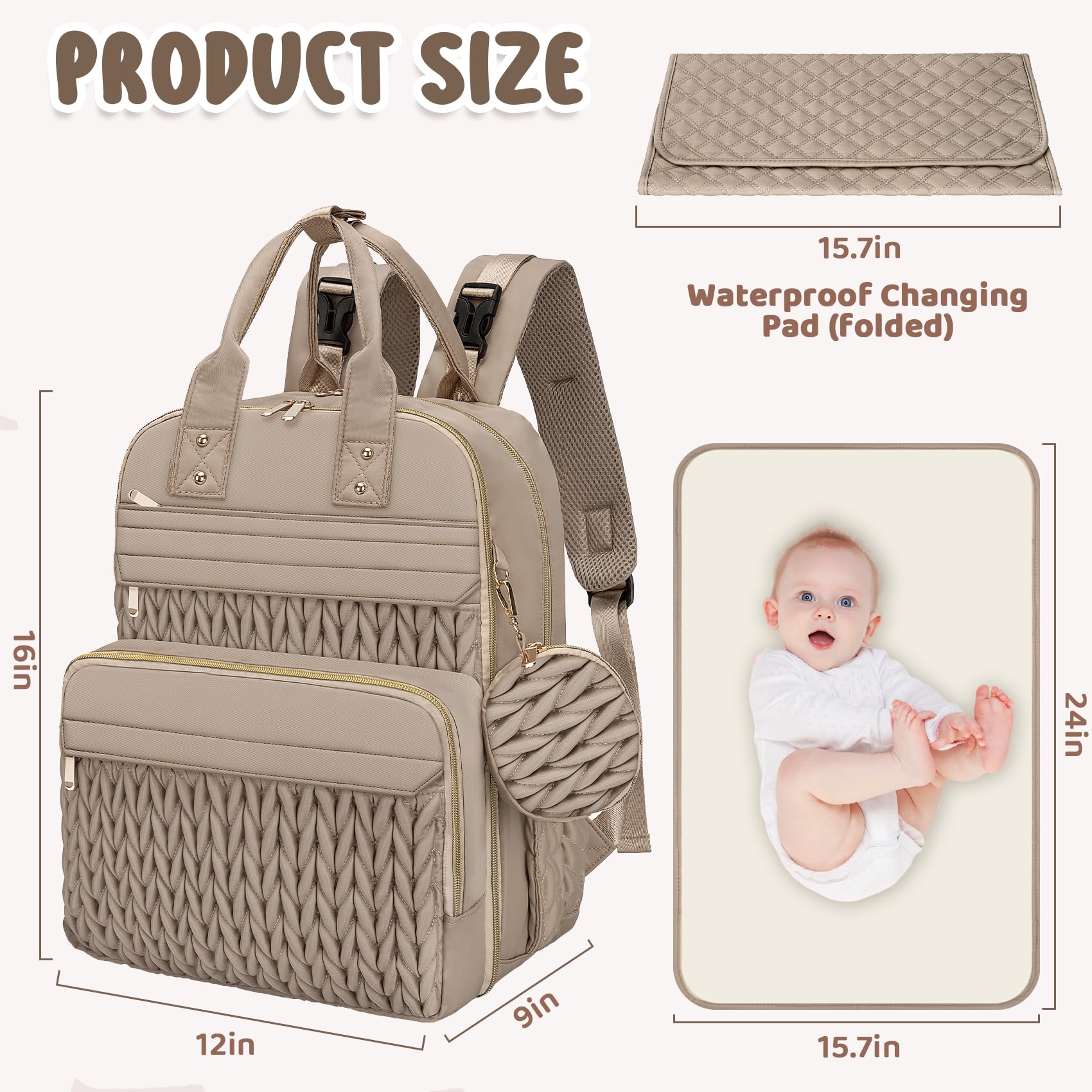 CandyHome Diaper Bag Backpack, Stylish Travel Baby Diaper Bags with Changing Pad, Insulated Pockets, Waterproof Baby Bag Converts into Tote Bag, Diaper Backpack, Stroller Bag (Khaki)