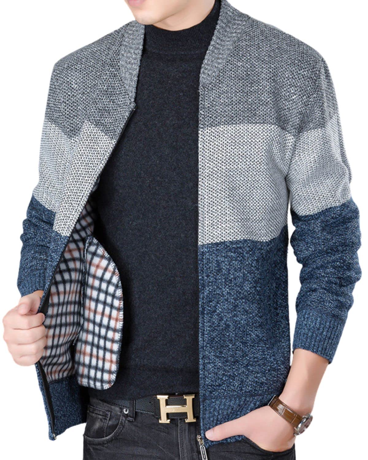 chroes Men's Regular Fit V Neck Pullover Sweater |Trendy Long Sleeve Zip-Front Cable Knit Cardigan Super Comfortable Zipper Cardigan Sweater -Blue |3XL-picture-41